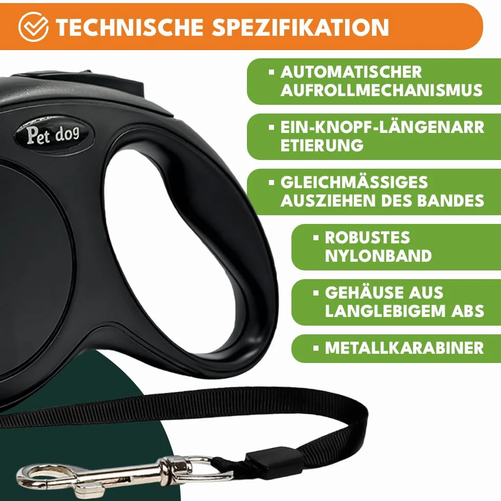 KRUMAD Automatyczna smycz dla psa 3 m, wytrzymała smycz zwijana z blokadą, lekka smycz nylonowa dla małych i średnich psów, ergonomiczny uchwyt, czarna
