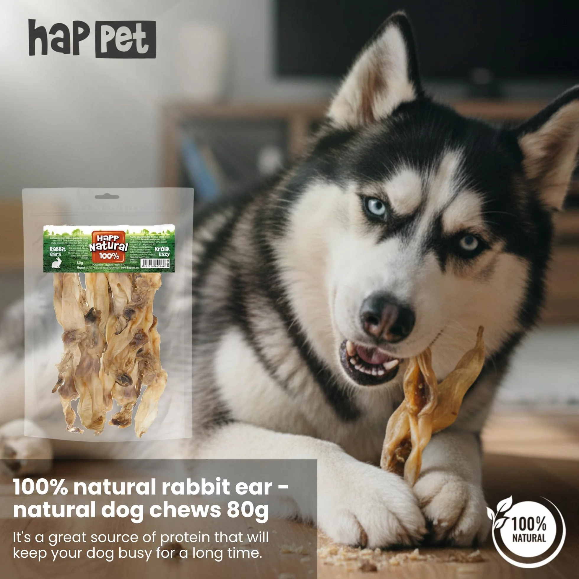 HAPPET 100% Naturalne uszy królicze dla psów – Jednoskładnikowe przysmaki proteinowe – Niskotłuszczowe, łatwostrawne przysmaki dla psów – Bez dodatków i konserwantów – Zdrowa naturalna przekąska 80 g