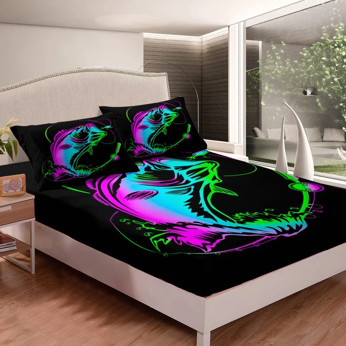 Fluorescencyjny zielony różowy niebieski pościel prześcieradło dla dzieci duży szczupak ryba łóżko zestaw pościeli chłopcy dziewczęta duży okonim wędkarstwo pościel pościel underwate zwierzę narzuta