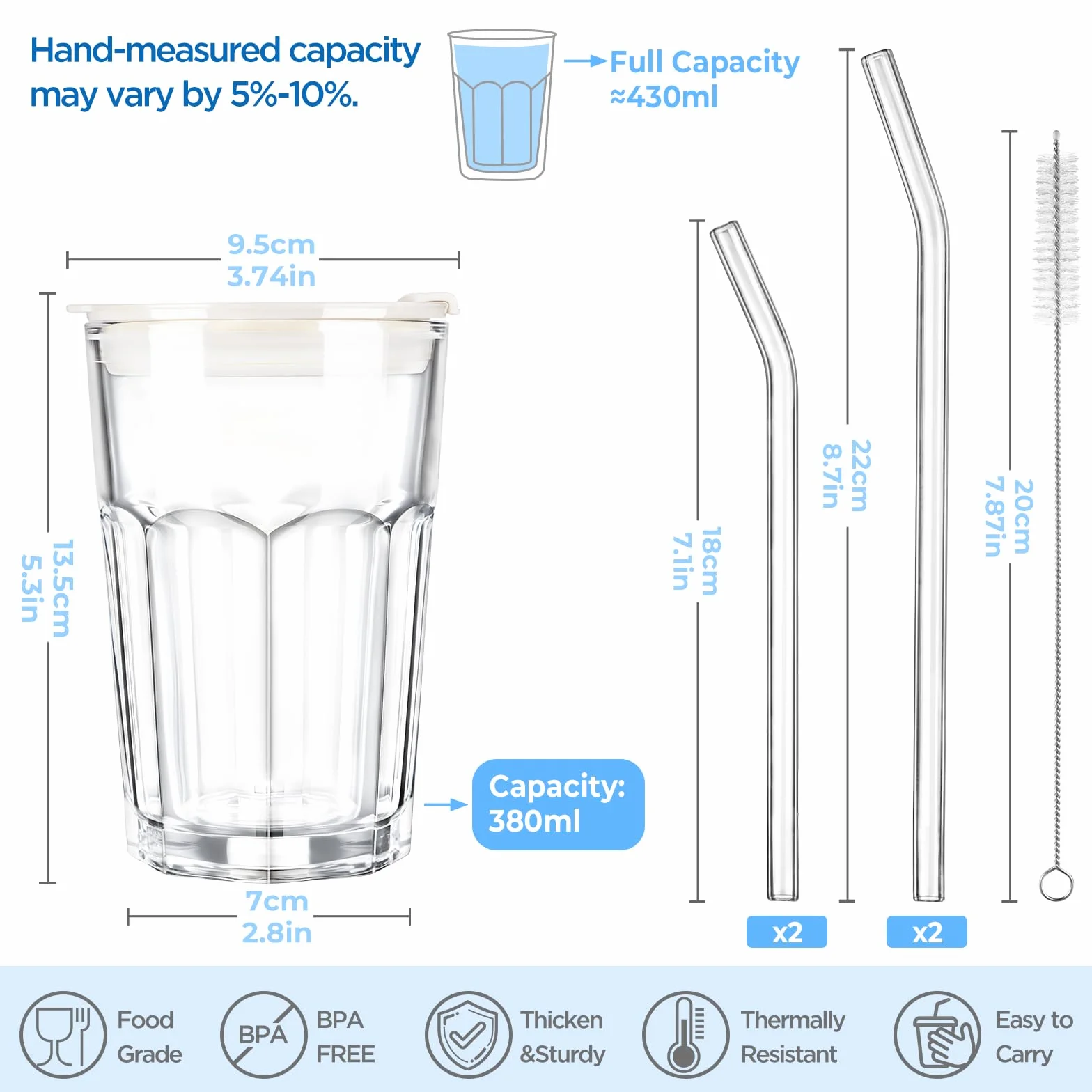 ecooe 430 ml żebrowane szklane kubki z pokrywką i słomką, 2 sztuki, szklane kubki do smoothie, mrożonej kawy, hermetyczne, wodoodporne szklanki do kawy, szklanki do picia soku matcha latte, mleka