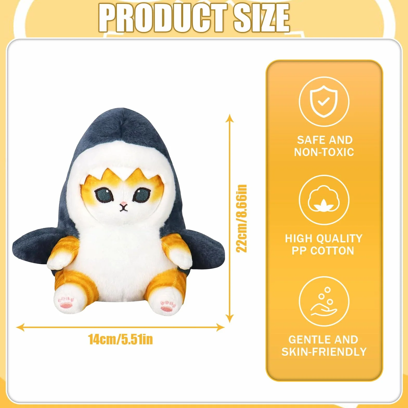 Pluszowa zabawka, kot rekin 22 cm, pluszowa lalka, rekin kot, pluszowa zabawka, kot Kawaii, przytulanka do domu/biura/salonu/sypialni, prezent dla dzieci (żółta)