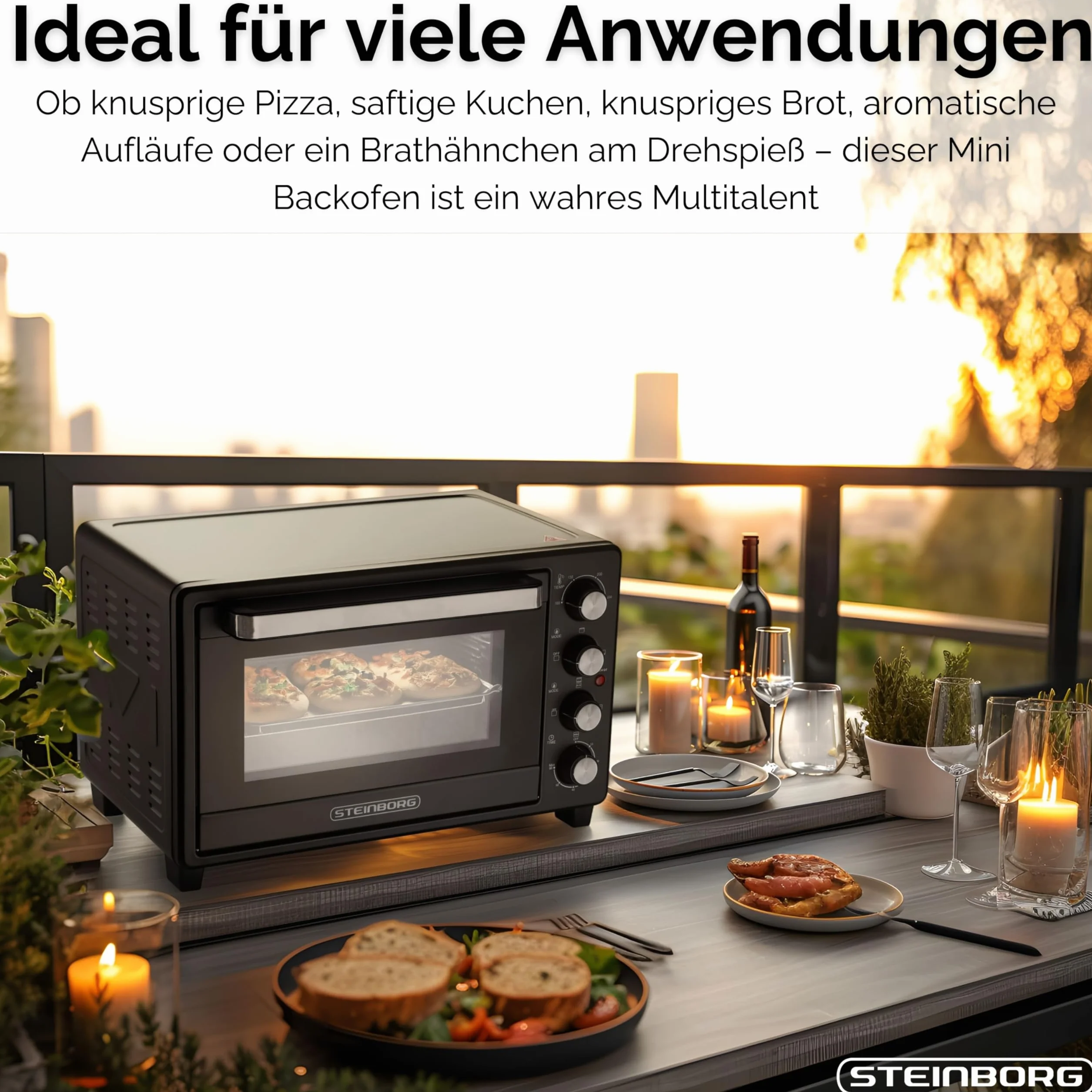 Steinborg Mini piekarnik 35 litrów z termoobiegiem i rożnem obrotowym, blacha na okruchy, grzanie górne i dolne, 1600 W, mini piekarnik z timerem, wolnostojący, bezstopniowa regulacja temperatury do