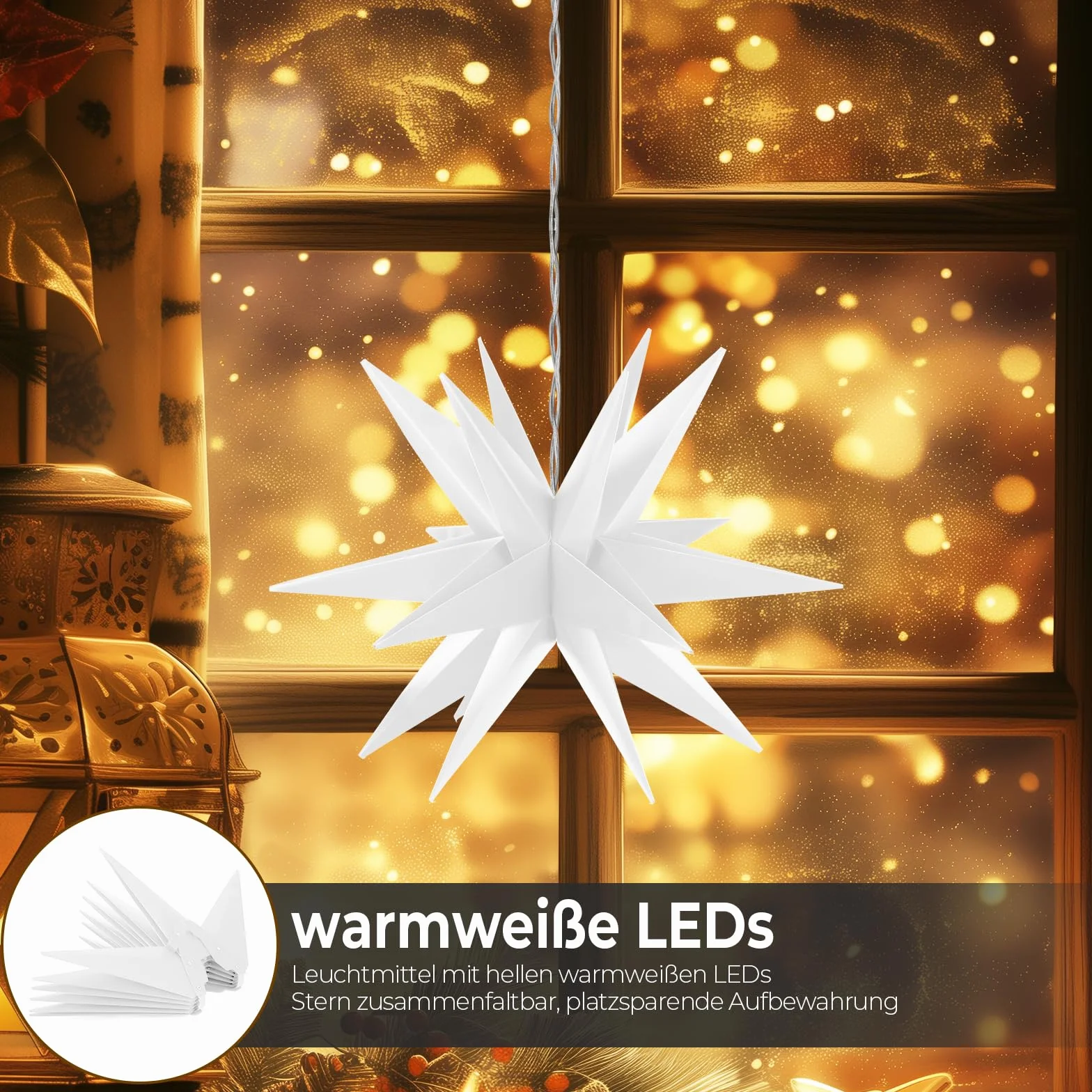 OVILUM Świecąca Gwiazda 3D Z Oświetleniem LED, Biała, Ø 57 cm, 18 Końcówek, Odporna Na Warunki Atmosferyczne, Dekoracja Ogrodowa, Do Salonu, Bożonarodzeniowa
