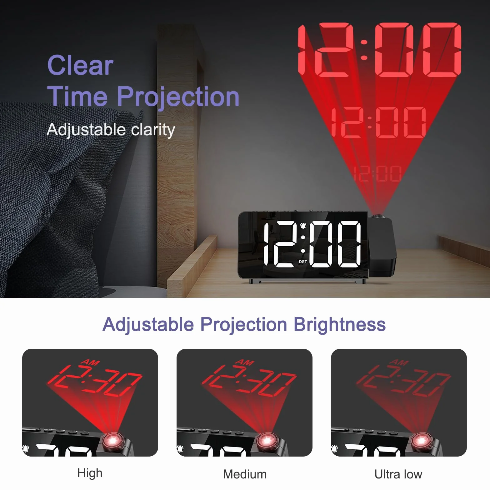 Budzik z projekcją, 7,4" LED, cyfrowy projektor 180°, 3-stopniowa regulacja jasności i ogniskowej, 5 poziomów jasności i 3 głośności, budzik projekcyjny 12/24 h, DST, drzemka