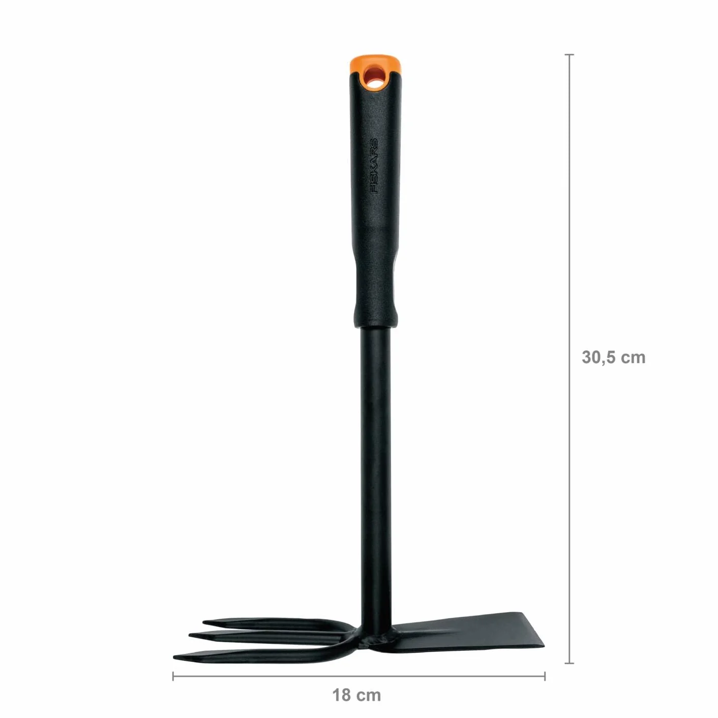 Fiskars Motyka dwustronna, Szpiczaste zęby, Długość 30,5 cm, głowica ze stali nierdzewnej, Trzonek z tworzywa, Czarno-pomarańczowy, Ergo, 1027030