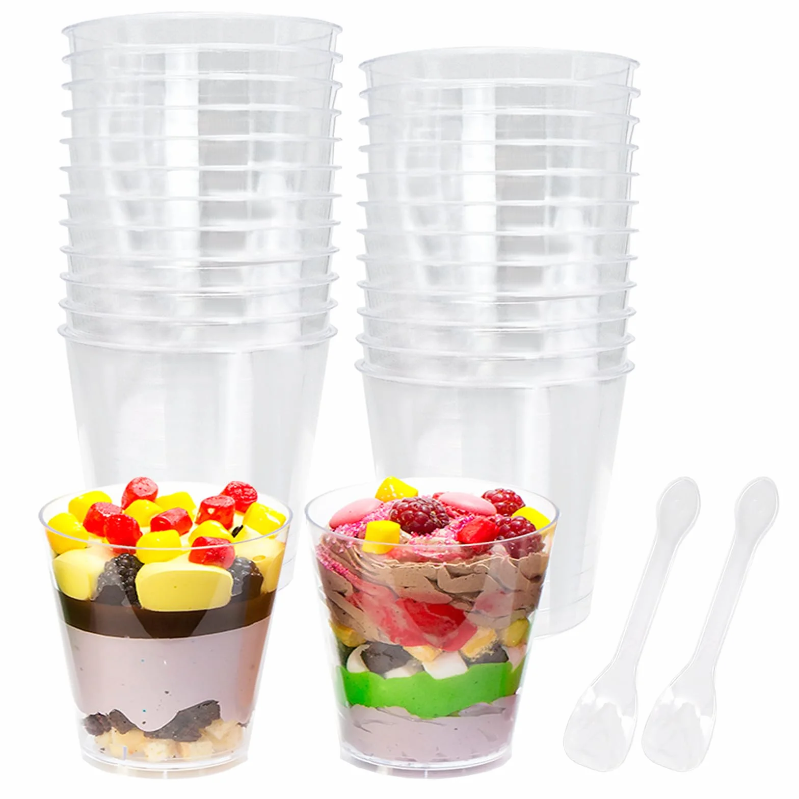 25 szt. mini kubków deserowych, 210 ml, plastikowe doniczki deserowe z łyżkami, przezroczysta miska deserowa, kwadratowe doniczki na sernik, do domu, deserów, pudddingu, musów, lodów (okrągłe)