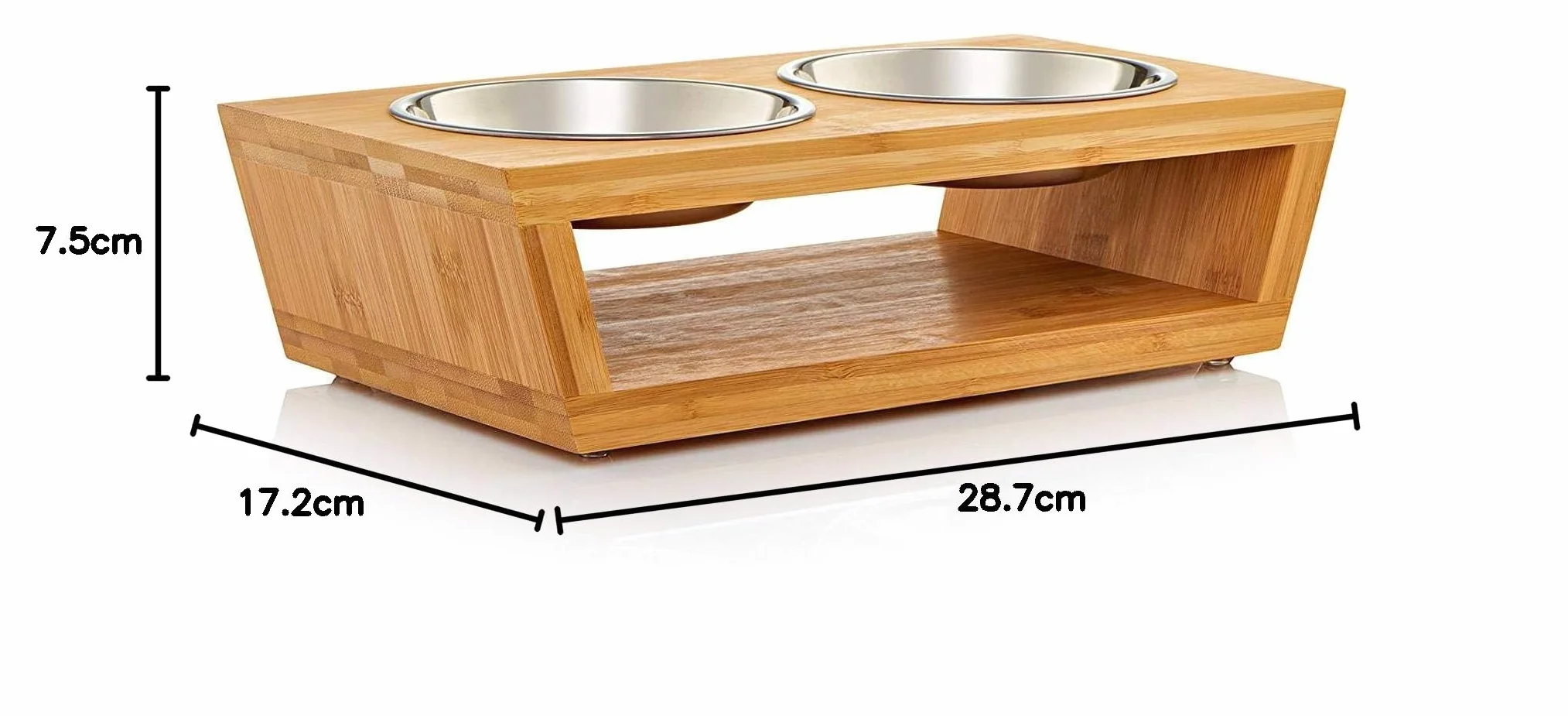 Podwyższony dozownik karmy dla kotów i małych psów z bambusa z 4 miskami ze stali nierdzewnej 2x350 ml 2x600 ml 10x35,5x18 cm