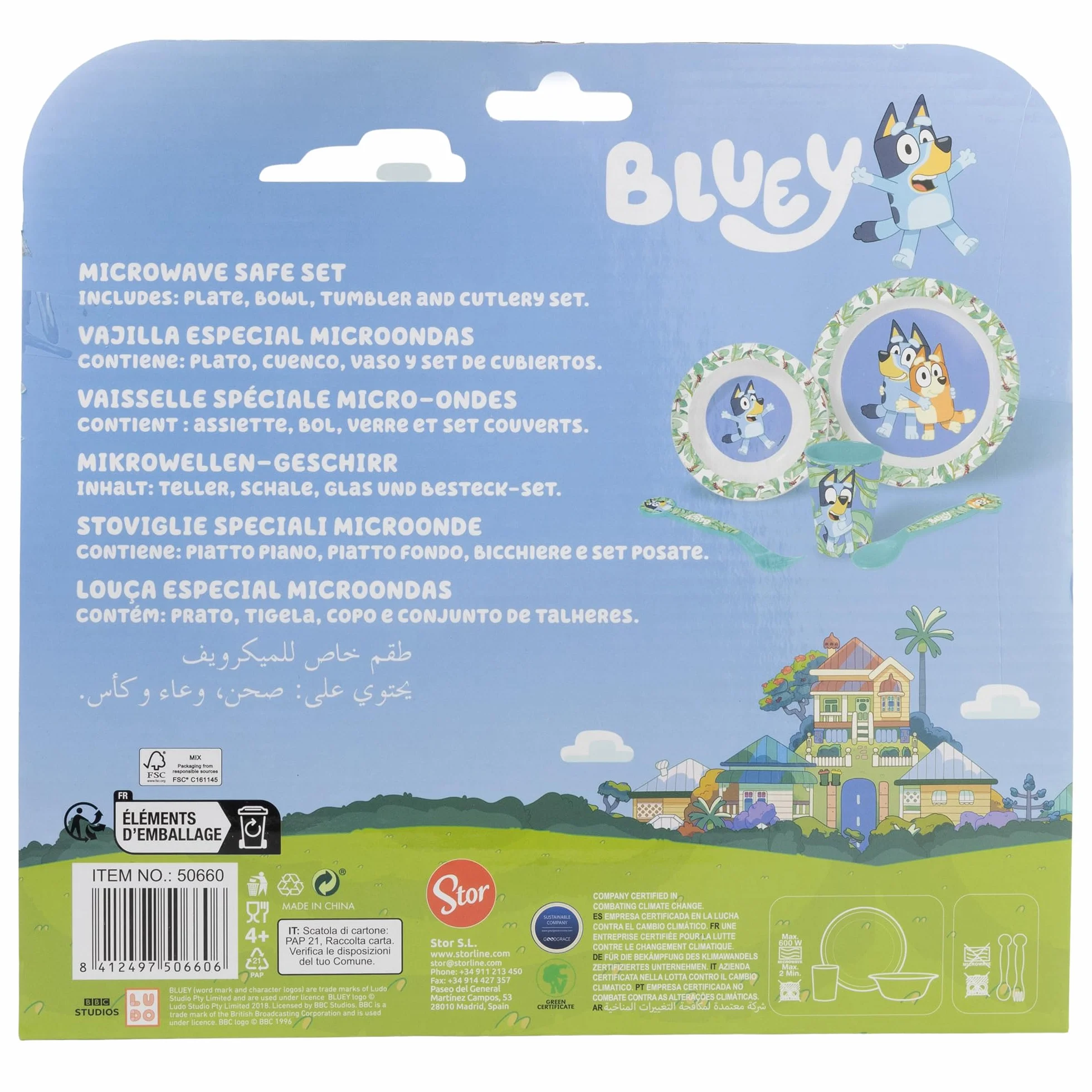 Bluey zestaw naczyń wielokrotnego użytku dla dzieci do kuchenki mikrofalowej, ze szklanką, talerzem, miską i sztućcami, Biały, Estándar, zwykły