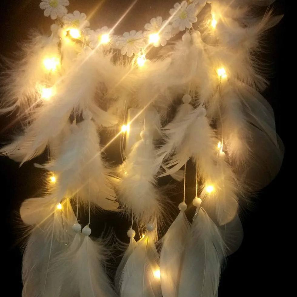 łapacz snów w stylu boho, w kształcie serca, ręcznie wykonany, lampa LED, ozdoba na ścianę, romantyczna dekoracja (kolor biały, z lampkami)