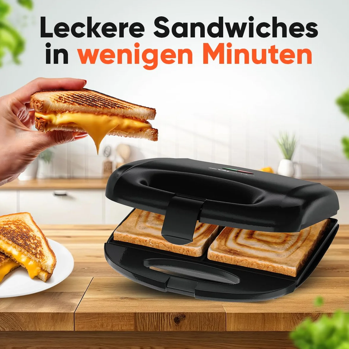 Clatronic, Urządzenie do robienia kanapek/croque-Monsieur ST3814 Czarne - kwadratowe talerze z powłoką nieprzywierającą, izolowany termicznie uchwyt, automatyczny regulator temperatury