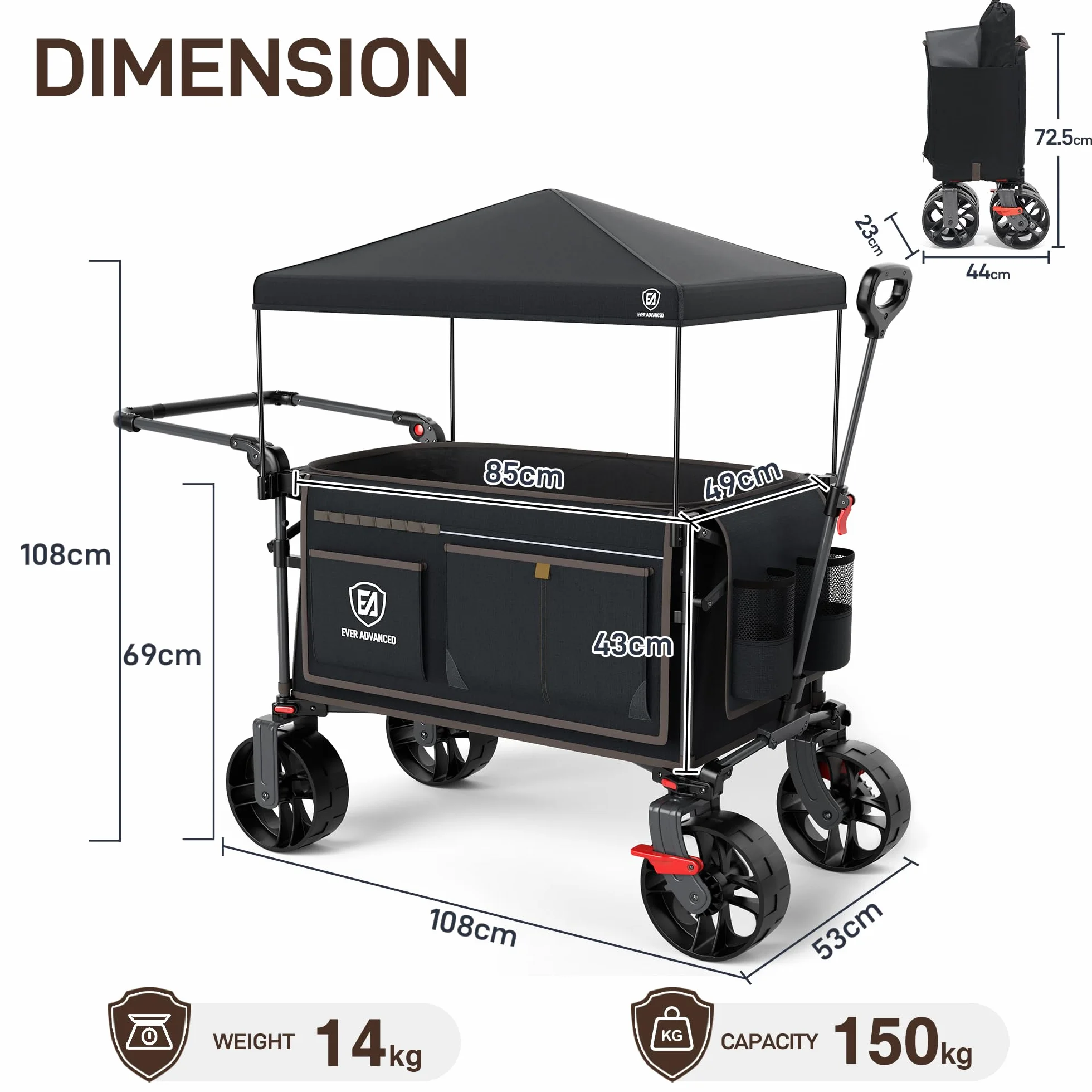 EVER ADVANCED Wózek festiwalowy 225 l na kółkach ze zdejmowanym baldachimem, wytrzymały wózek kempingowy 150 kg, wózek plażowy typu push & pull z 3 dużymi kieszeniami, ogrodowy składany wózek