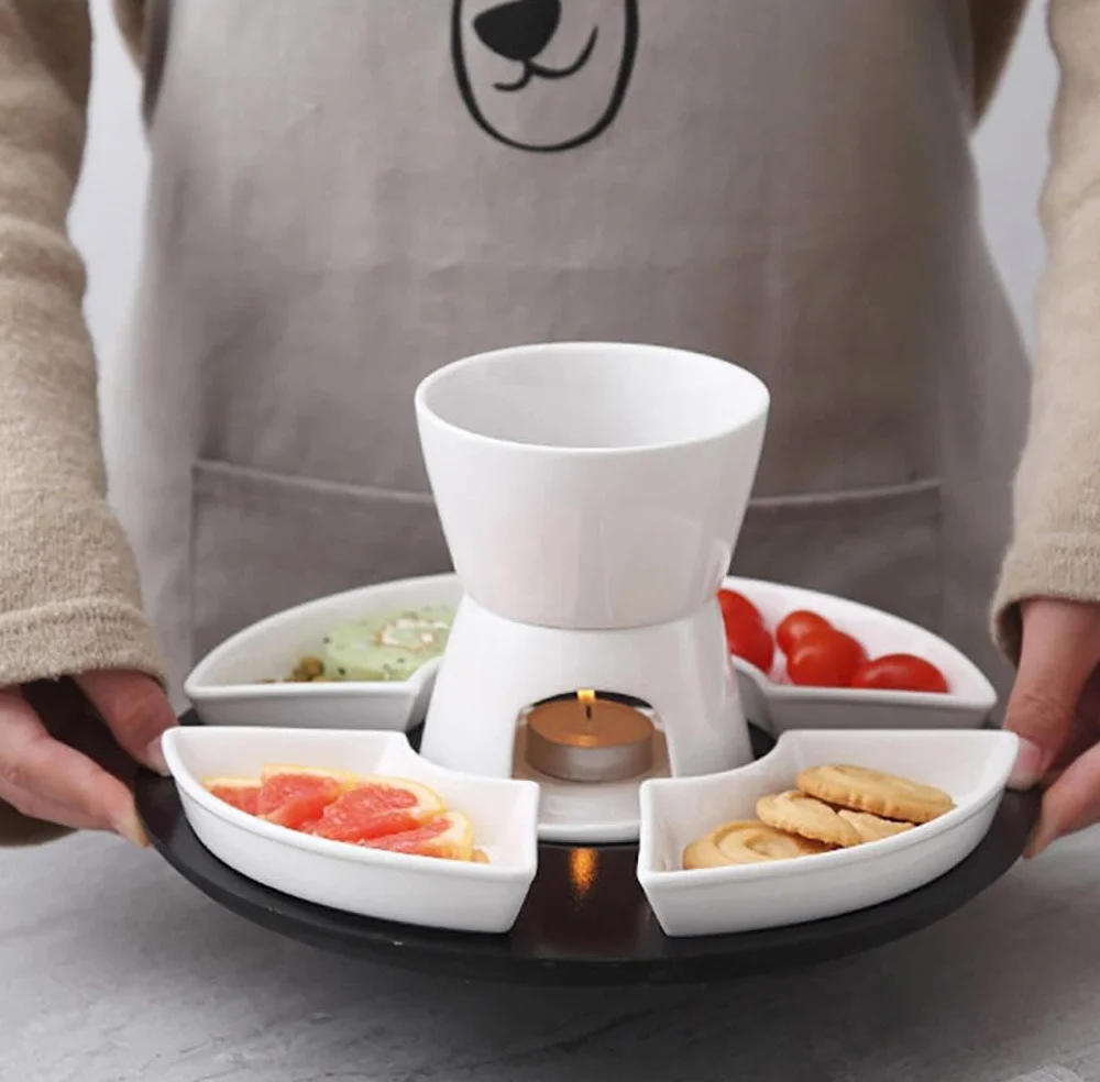 Ceramiczny zestaw do fondue czekoladowego, 300 ml, czekoladowe fondue z 4 talerzami ceramicznymi i 4 widelcami, do sera, fondue, rodzinnych obiadów, deserów, pikników, biały