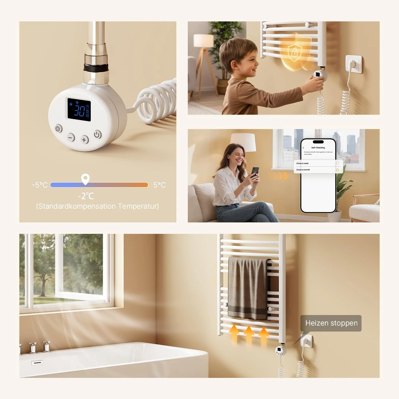 EMKE Pręt grzewczy z termostatem do grzejników łazienkowych 1200 W, wkład grzejny Smart WiFi ze stali nierdzewnej do grzejników, grzejnik na ręczniki, elektryczny biały