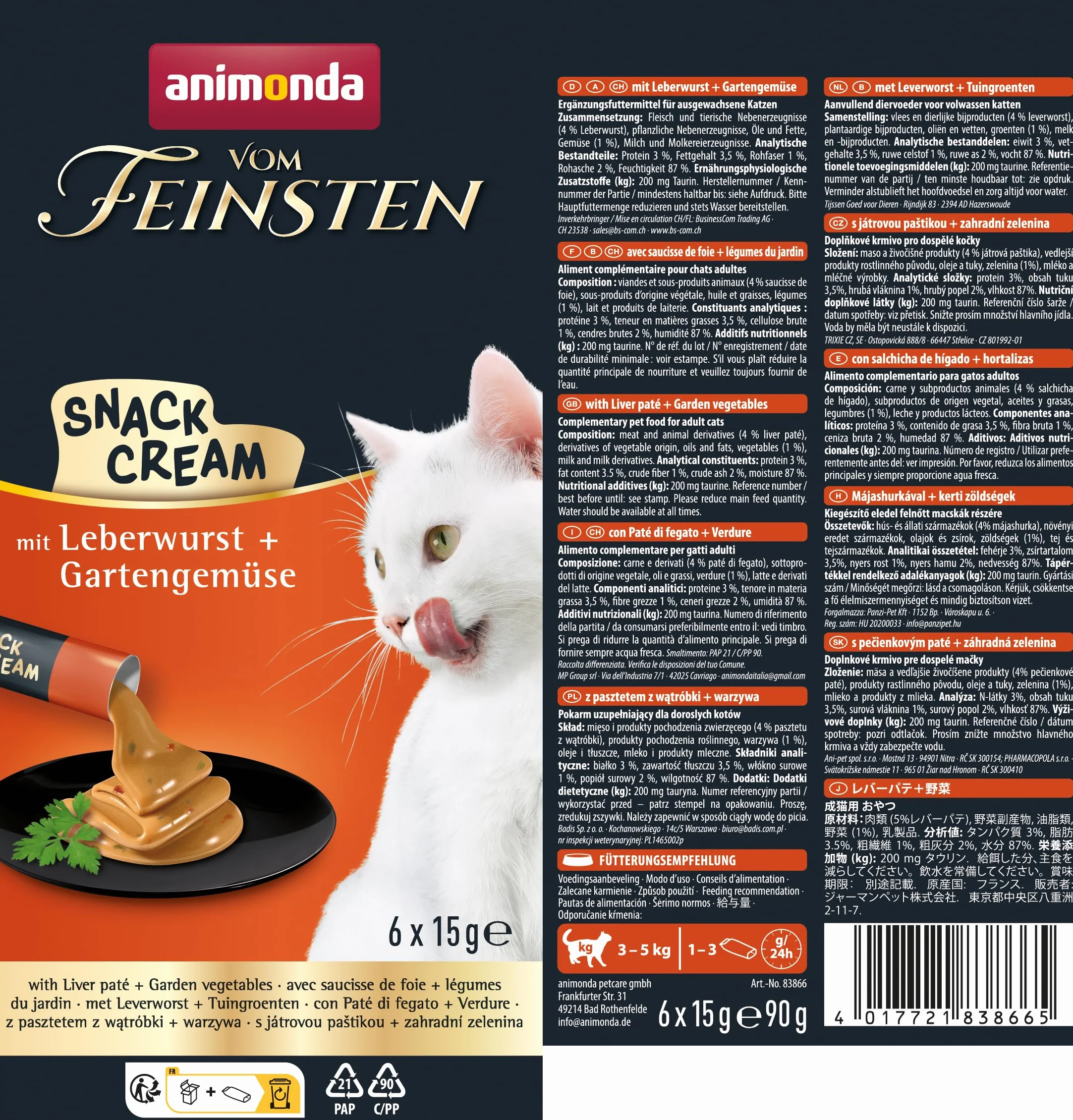 Animonda Vom Feinsten Adult Snack Cream Karma dla Kotów, Wątróbka/Warzywa, 7 x 15 g