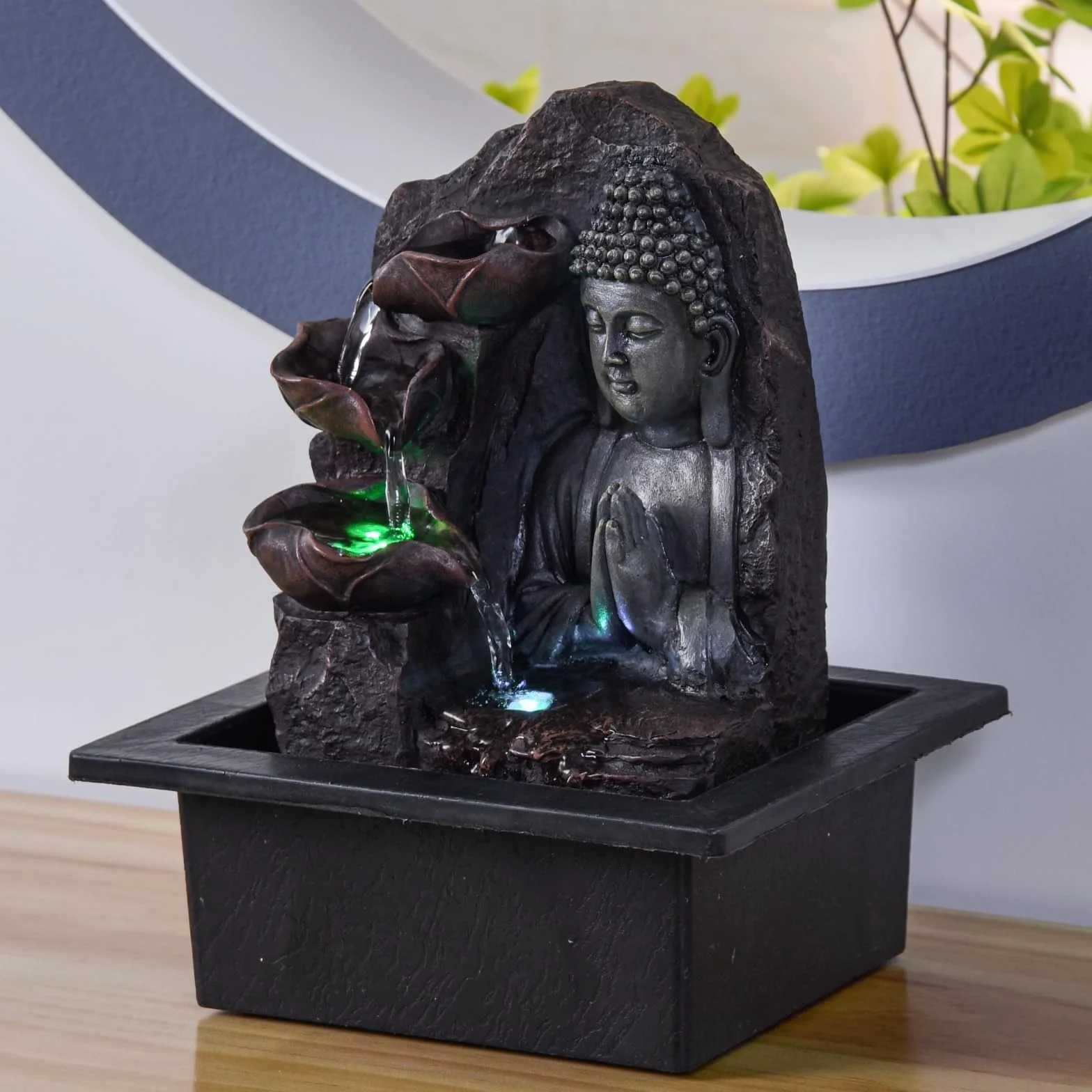 Fontanna wewnętrzna Wodospad Budda Lotos Kolorowe światło LED, dekoracja wnętrz Feng Shui, pomysł na prezent Zen Mind, z dostarczoną cichą pompą, duchowość Zen'Light, 21 x 21 x 26 cm