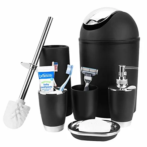EBTOOLS 6-częściowy zestaw łazienkowy, składający się z butelki na balsam, uchwyt na szczoteczki do zębów, kubek na szczoteczki do zębów, mydelniczki, szczotki do WC, kosz na śmieci (czarny)