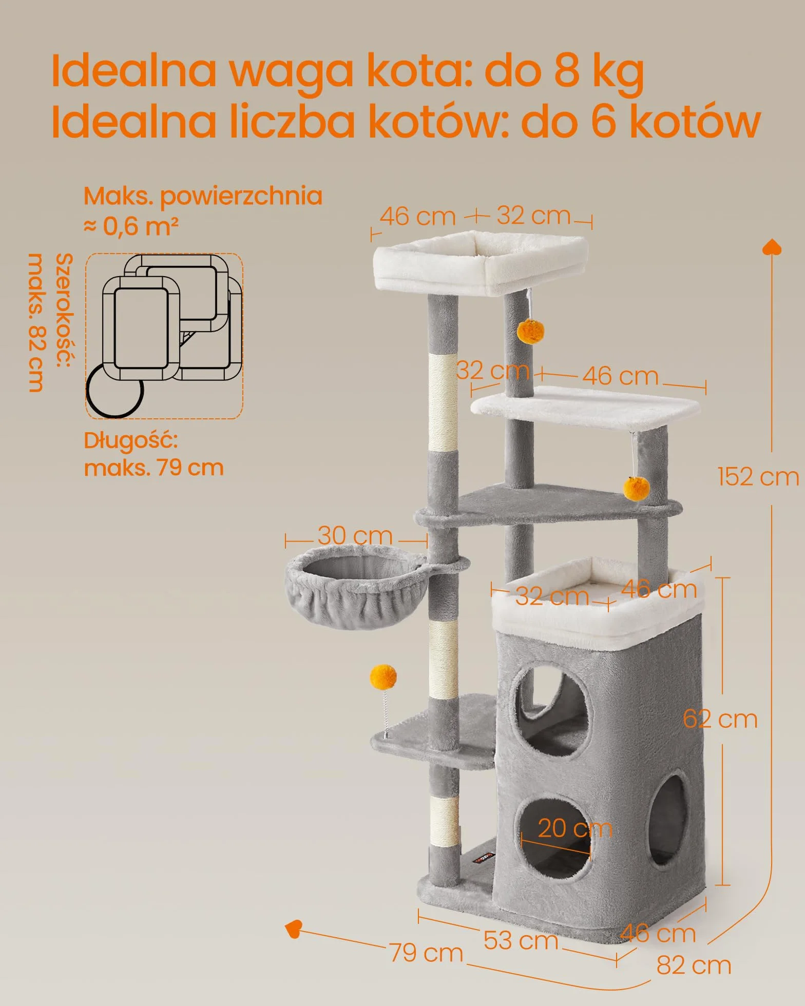 Feandrea Drapak dla kota, wys. 152 cm, wielopoziomowy, 2 duże legowiska, 1 miejsce do spania, 3 drapaki, 3 platformy, drapak dla kota, kolor gołębi PCT007G01
