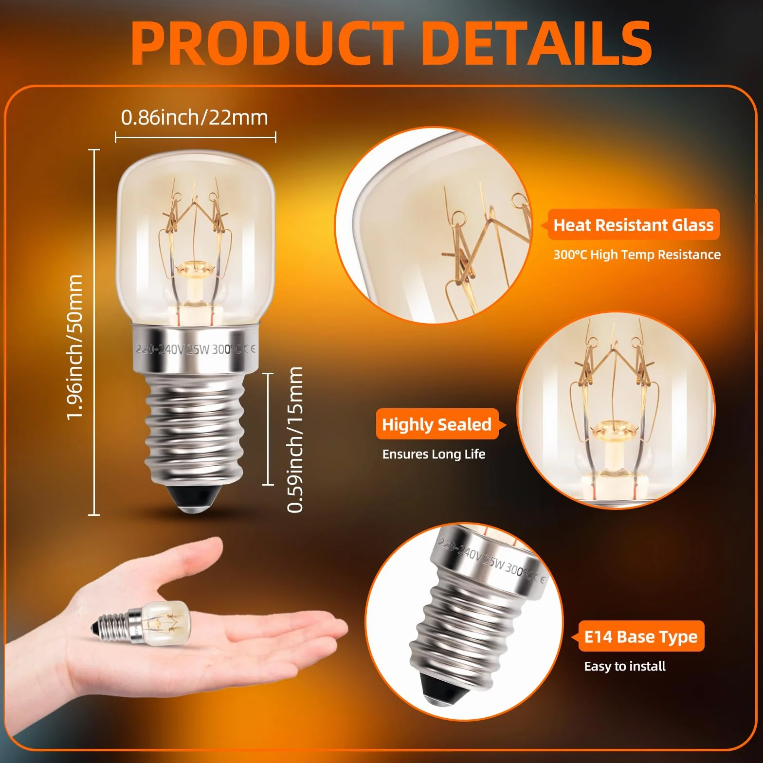 T22 E14 lampa do piekarnika, ciepła biel, 2700 K, do 300 °C, AC 220-240 V, ściemniana, żarówka E14, świeca do piekarnika, kuchenki mikrofalowej, okapu kuchennego, lampa solna, 2 szt