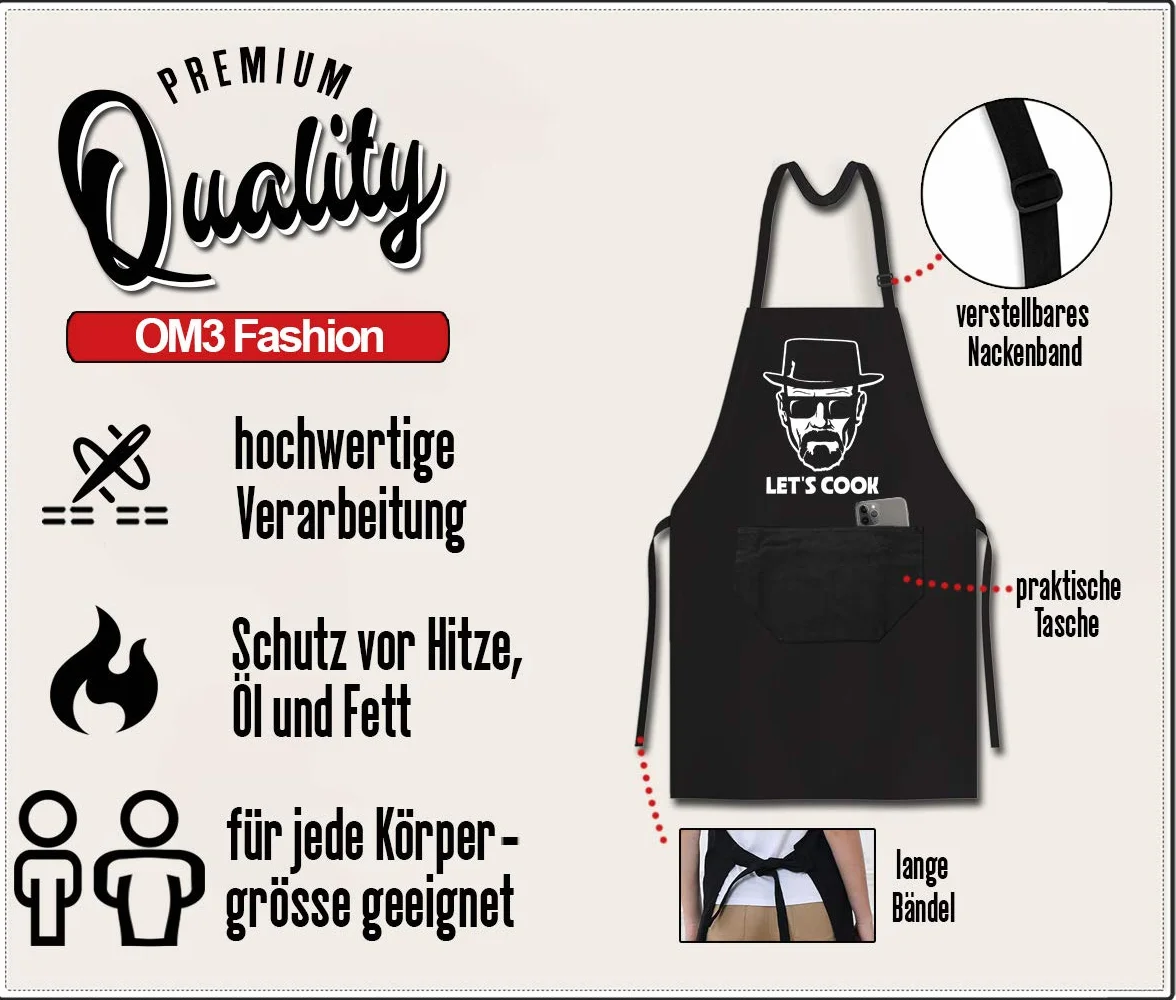 OM3 MR-WHITE-LETS-COOK Fartuch do grillowania - Parodie Kult TV Fartuch kuchenny dla dorosłych, unisex, czarny, jeden rozmiar