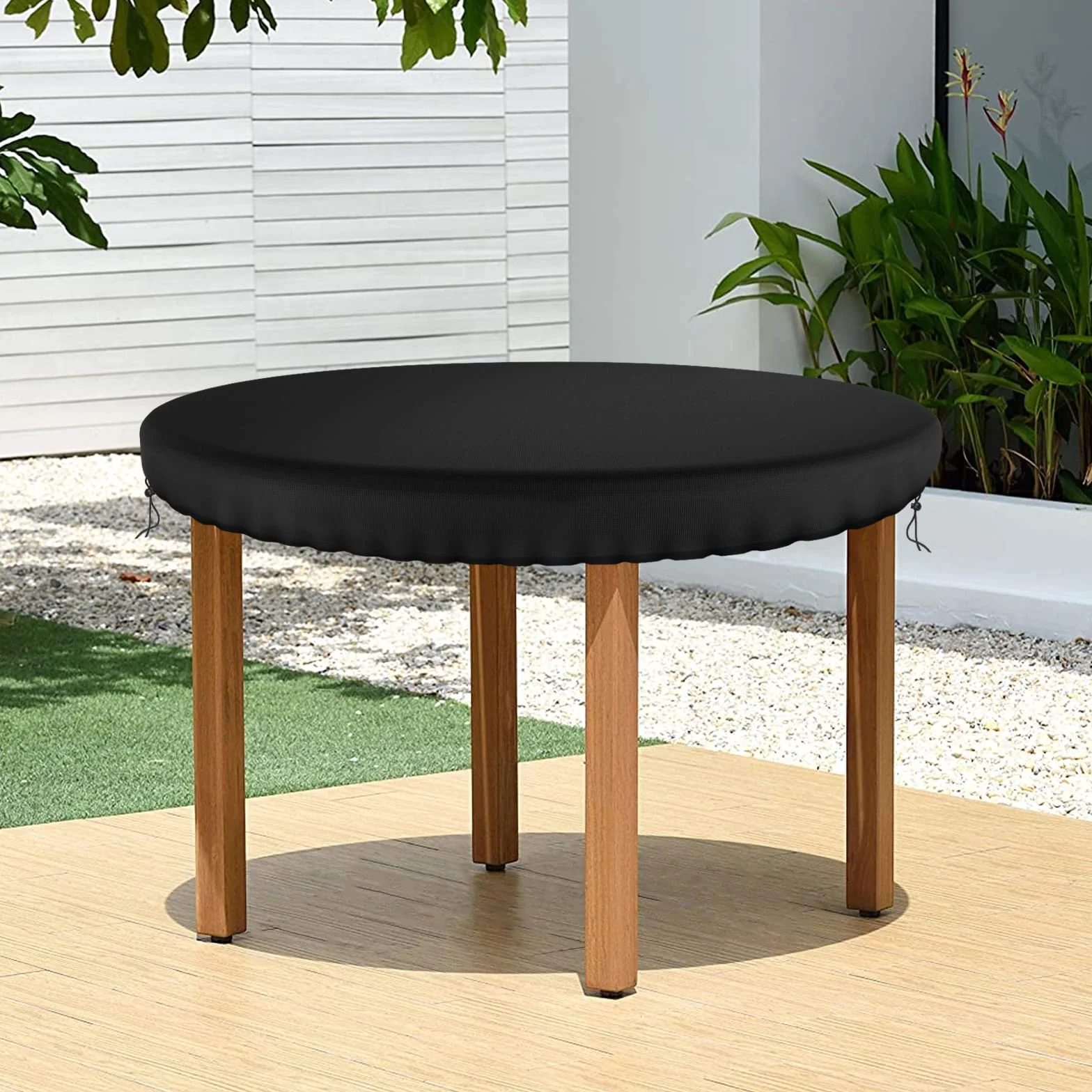 Pokrowiec na stół ogrodowy, okrągły, wodoodporny, na zewnątrz patio, pokrowiec na blat stołu 420D, tkanina Oxford, ochrona przed wiatrem, 94 cm, czarny