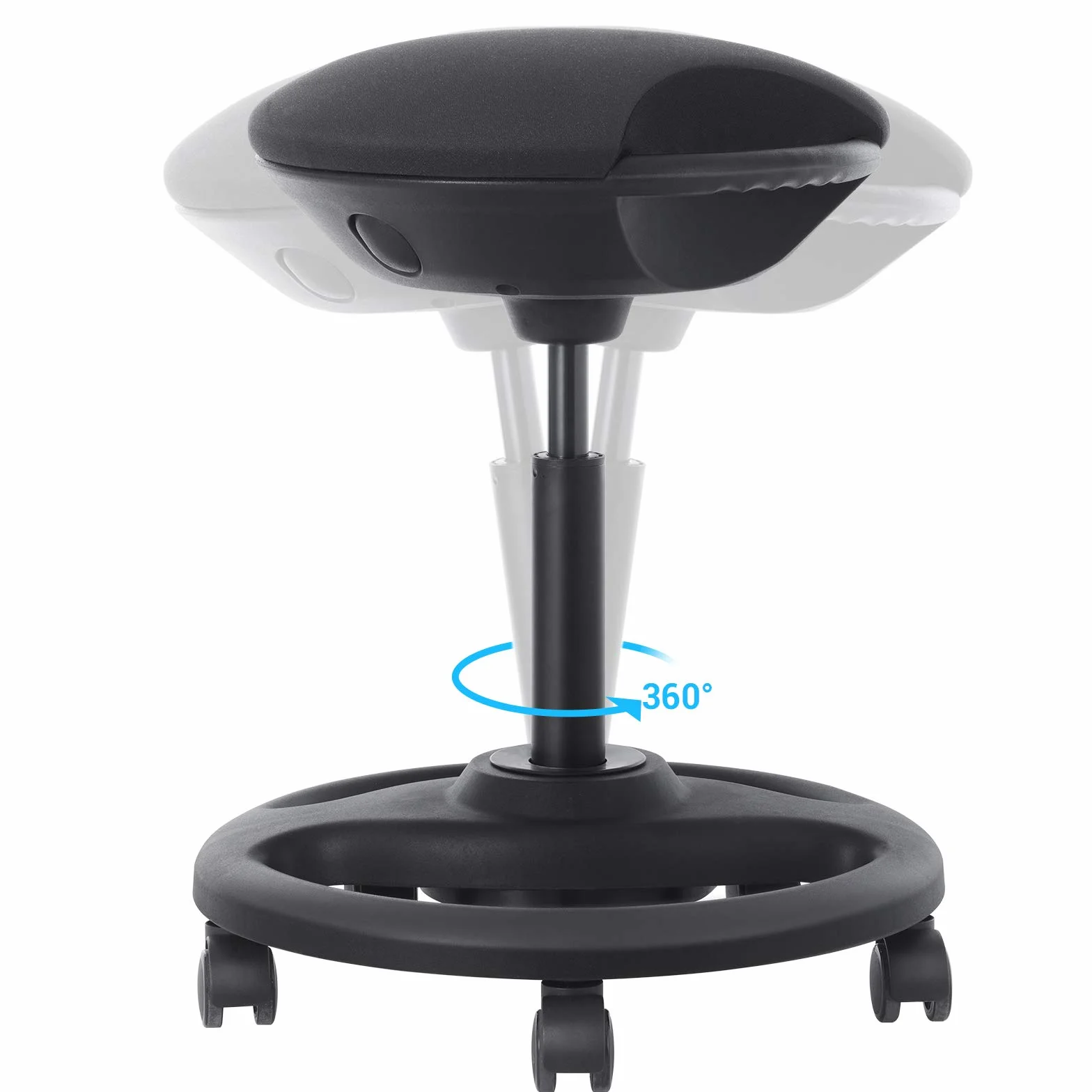 SONGMICS Dynamiczny stołek roboczy, ergonomiczne obrotowe krzesło biurowe z kółkami, bardzo duże siedzisko, nachylenie 10°, regulowana wysokość, grube wypełnienie, czarny OSC06BK