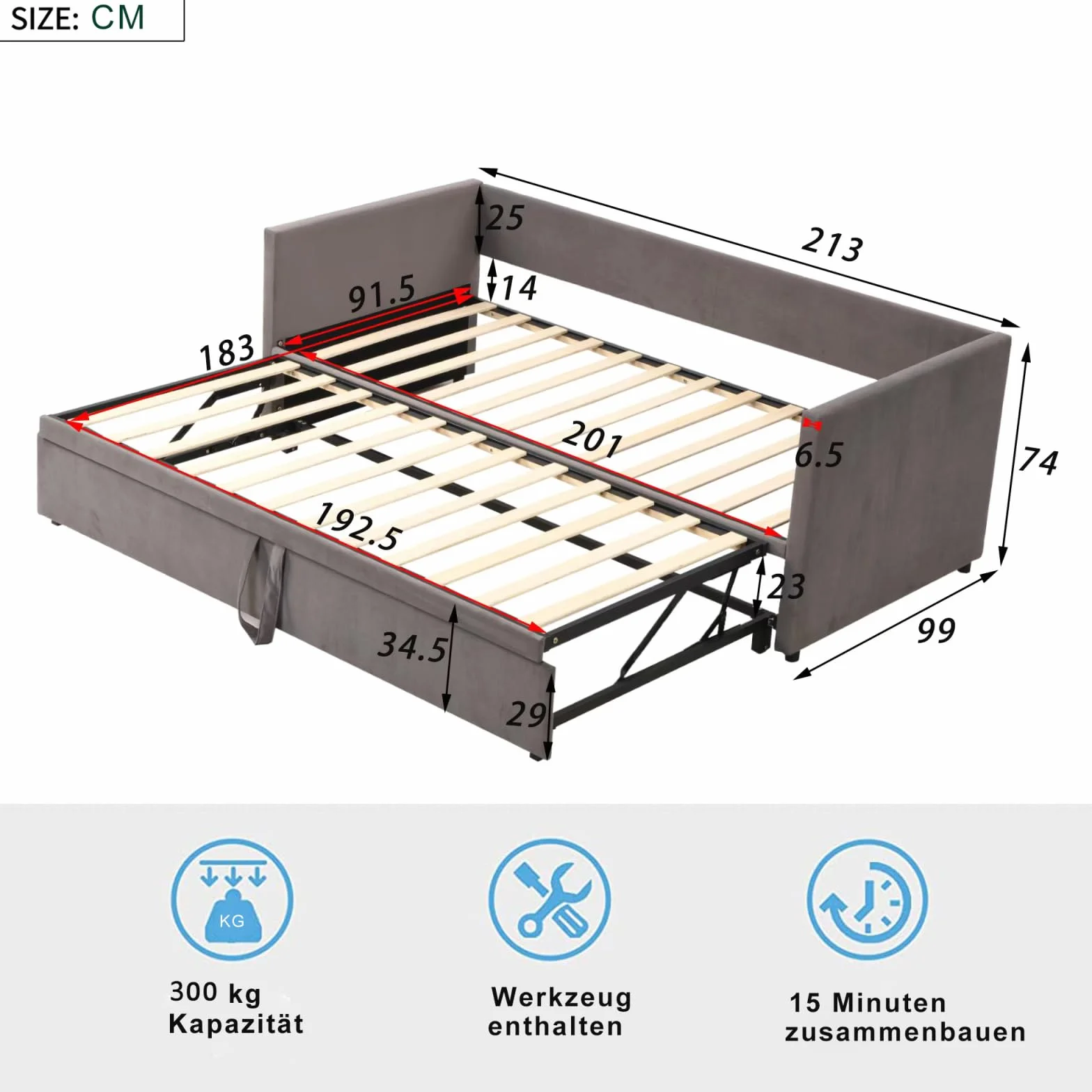 Sofa z funkcją spania, 90/180 x 200 cm, pojedyncze łóżko dzienne, rozkładane, na tej samej wysokości, z łóżkiem dla gości, 2-osobowa sofa z funkcją spania, łóżko dzienne, łóżko młodzieżowe