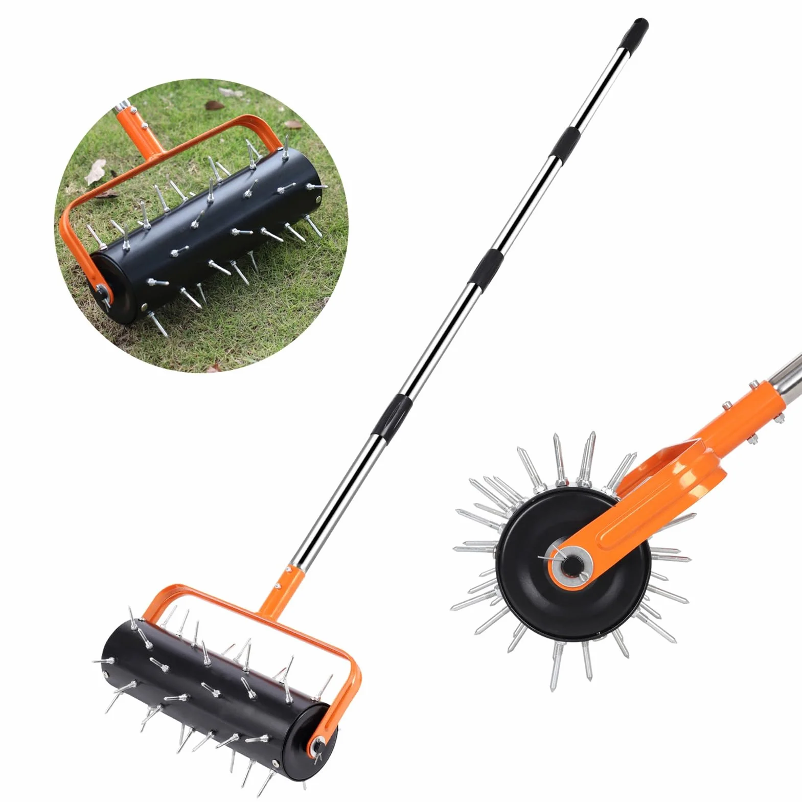 Fockety Aerator na Kółkach, Ręczny Aerator do Trawnika o Dużej Wytrzymałości, Aerator ze Stabilnym Kolcem ze Stali Nierdzewnej z 42 Kolcami i Regulowanym Metalowym Uchwytem