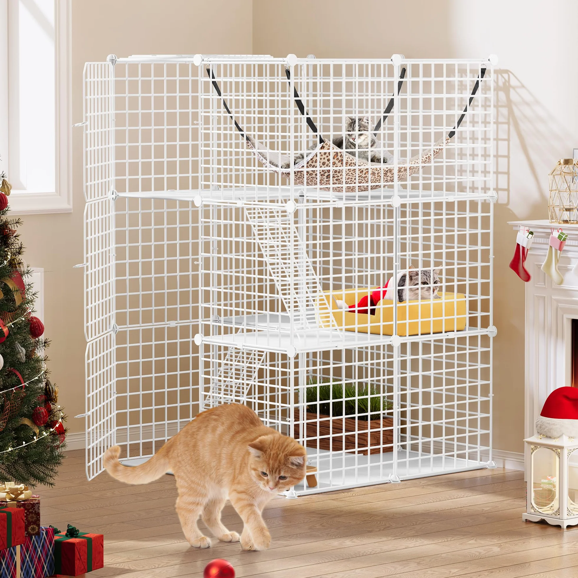 YITAHOME Klatka dla kota 3-poziomowy kojec z hamakiem 72x72x107 cm biała