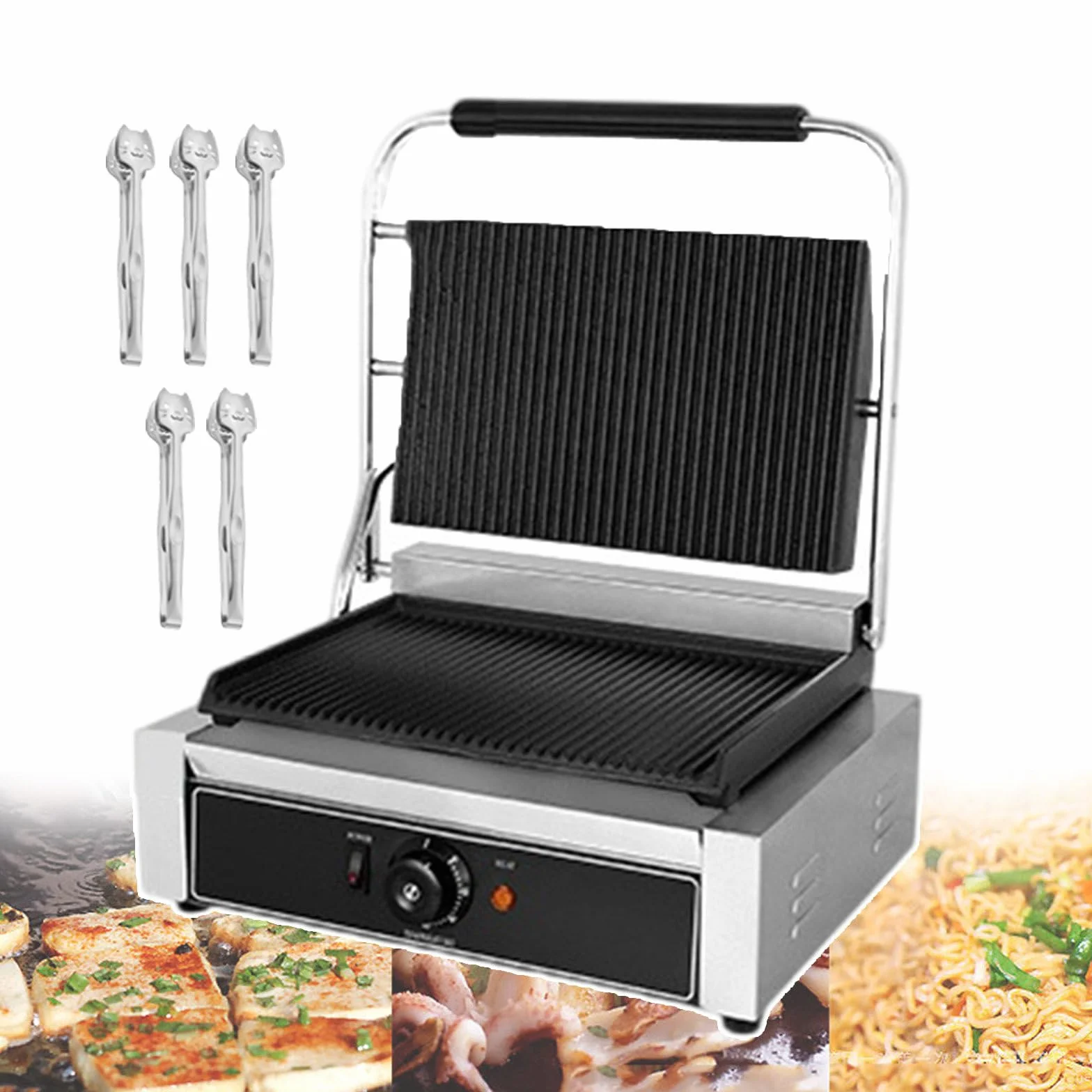 Elektryczny Toster Deep Fill Toastie Maker 50~300℃, Komercyjny Toster Do Kanapek, Nieprzywierająca Płyta Grillowa, Stal Nierdzewna I Rowkowana Konstrukcja(Z 5 Szczypcami Do Grilla),1800W