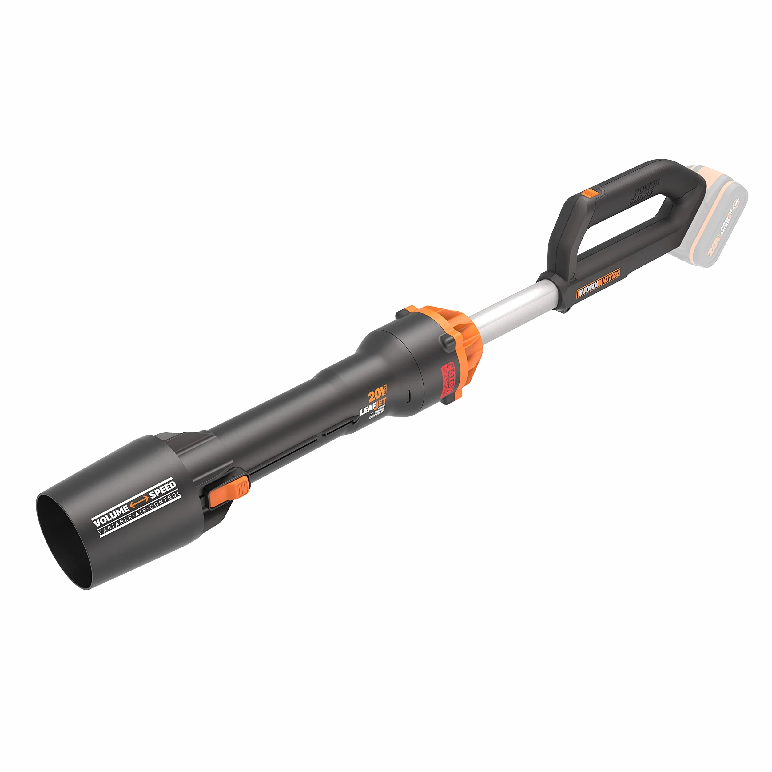 WORX Nitro PowerShare, 18 V (20 V MAX) akumulatorowa dmuchawa do liści, silnik bezszczotkowy 2.0, maks. prędkość powietrza 209 km/h, sterowanie 2-biegowe, tylko zwykłe narzędzie, WG543E.9