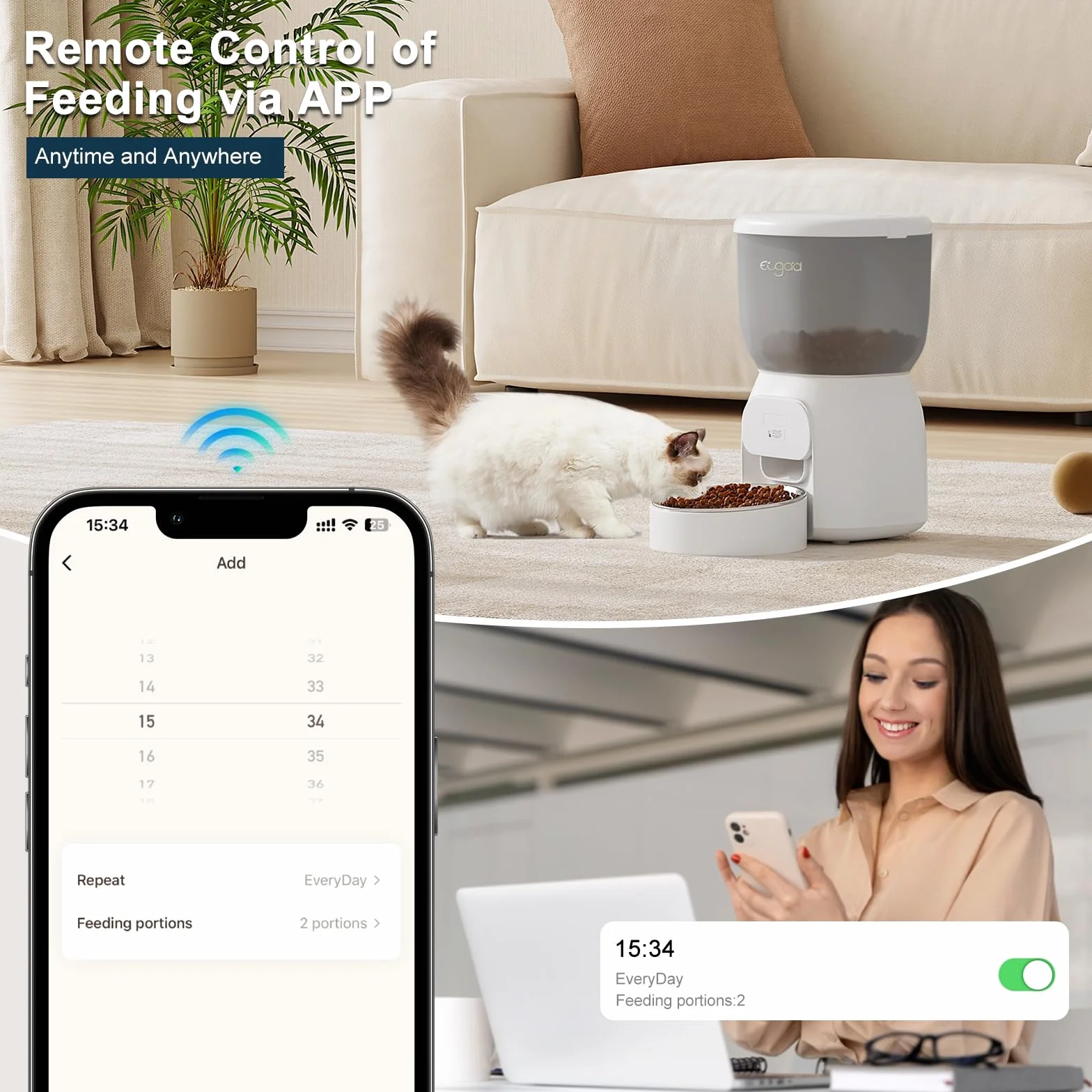 EUGAD Dozownik automatycznych karm dla kotów, 2,4 GHz, WiFi, 4 l, automatyczna miska dla kotów i psów, podłączona przez aplikację iOS/Android, podwójne zasilanie 1–10 posiłków/dzień, biały i szary