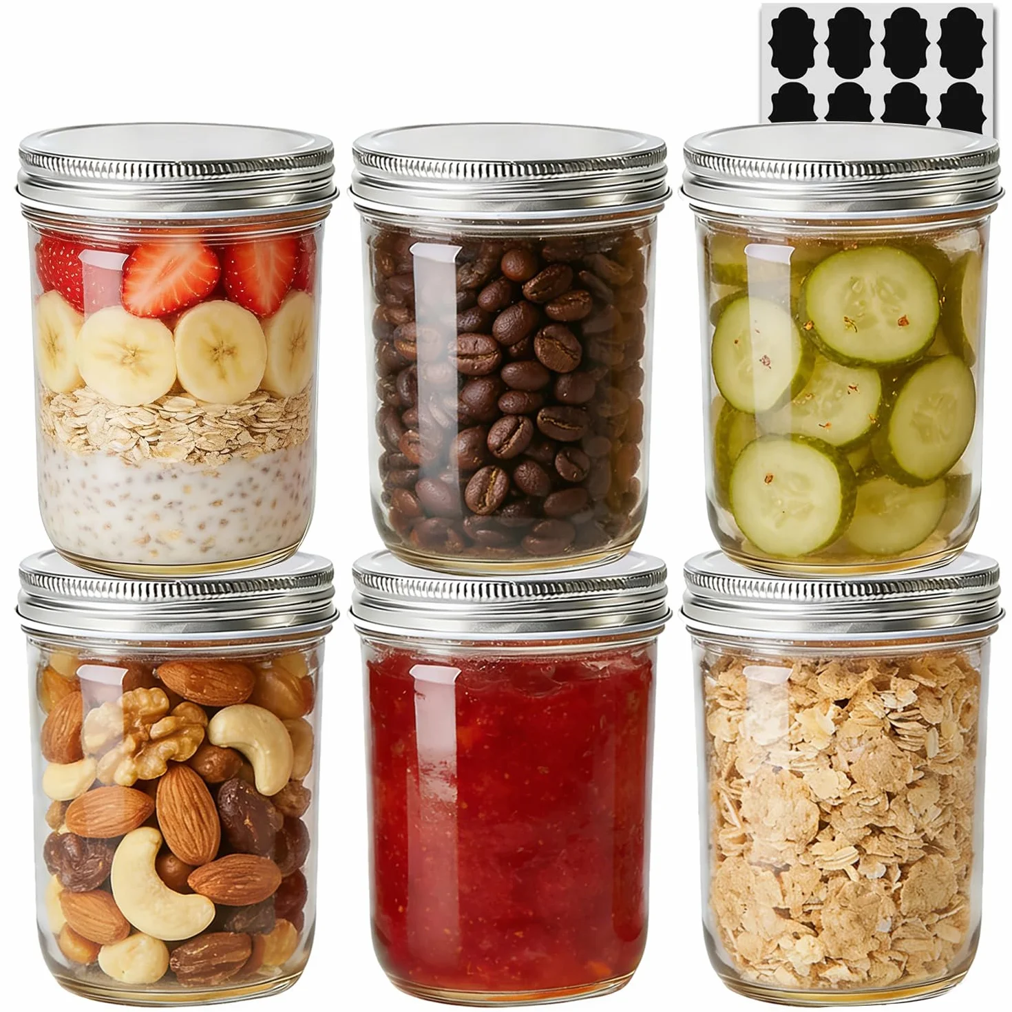 ComSaf Słoik na przetwory, 480 ml, z pokrywką, 6 sztuk, z hermetycznym szkłem fermentacyjnym, dla entuzjastów kucharzy amatorskich, do wkładania, fermentacji, zbóż, marynowania, do przechowywania