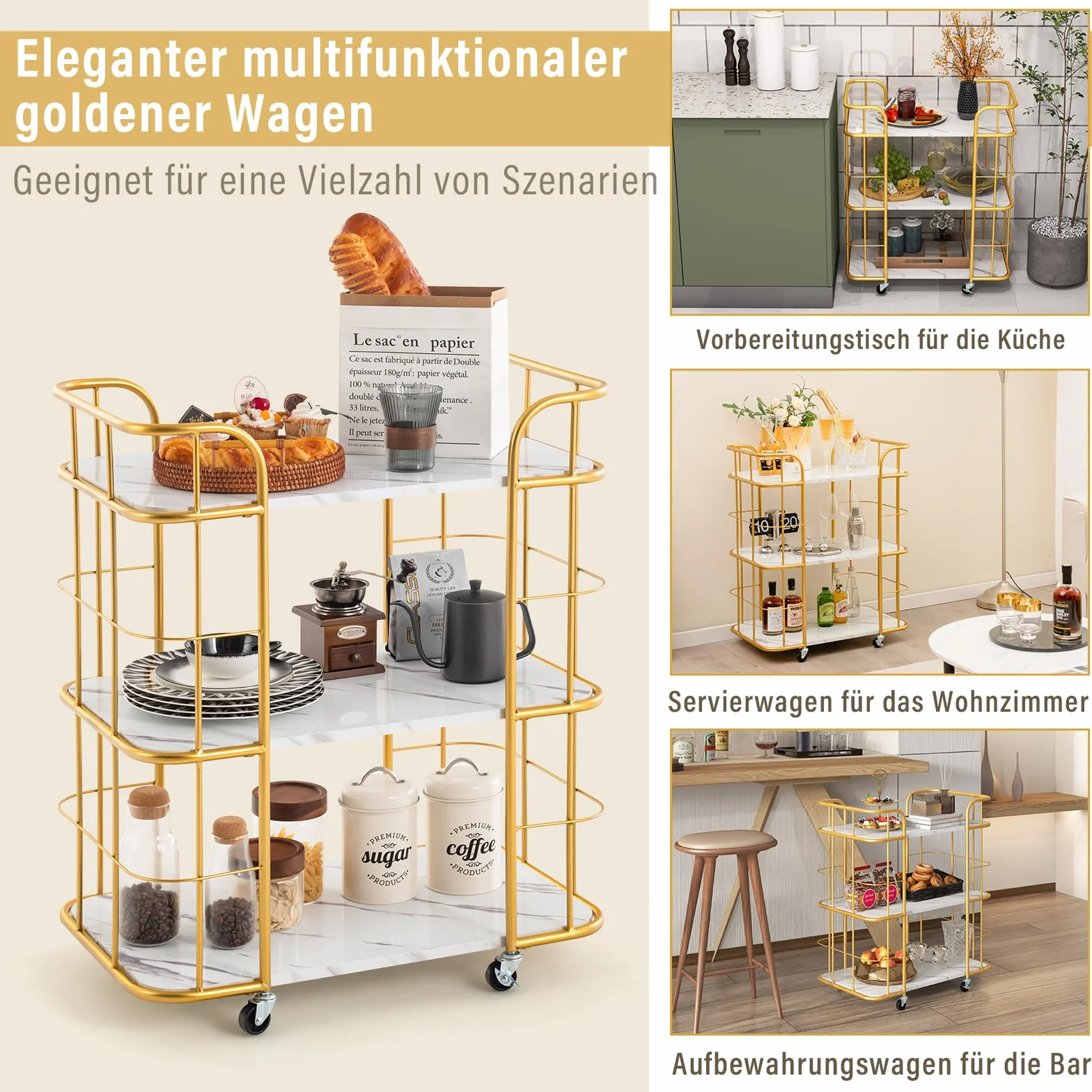 COSTWAY Wózek kuchenny z uniwersalnymi kółkami, wózek do serwowania, 3 półki, marmurowy wózek barowy, nowoczesny, mobilny wózek domowy, metalowa rama, wózek uniwersalny do domu, restauracji, złoty