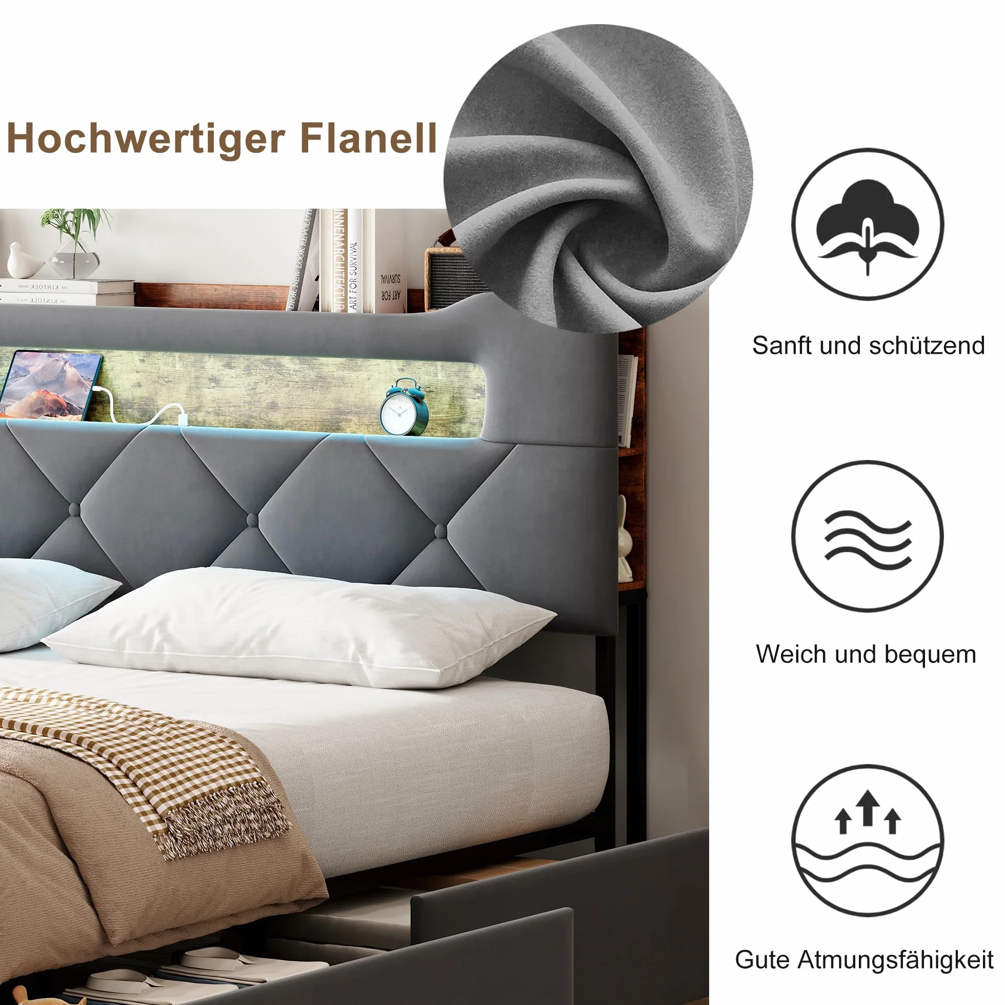 CDQL Łóżko tapicerowane podwójne 160 x 200 cm z 4 szufladami, łóżko młodzieżowe ze złączem USB i oświetleniem LED, zagłówek ze schowkiem, łóżko dla gości, łóżko funkcyjne, aksamit, szare