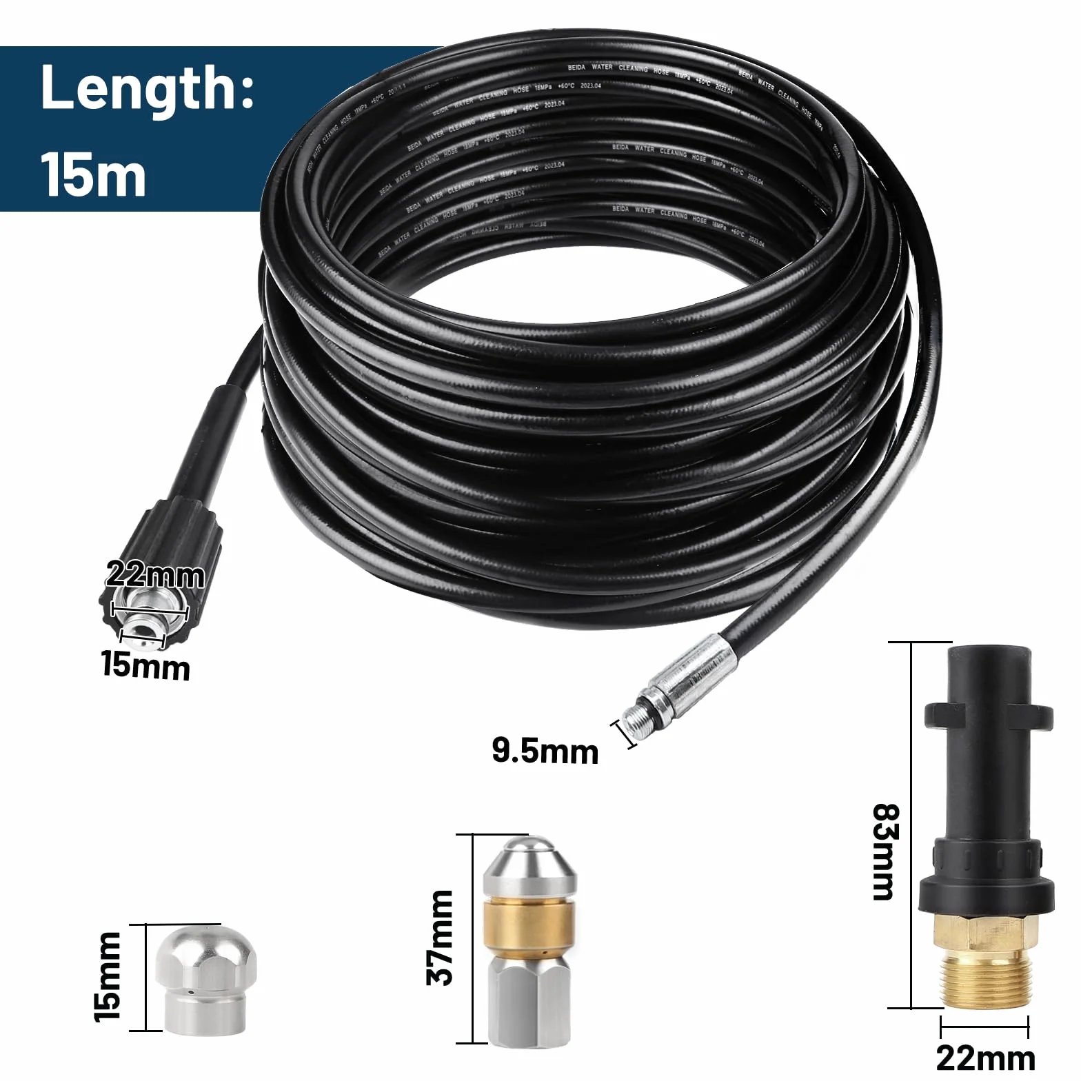 SWAWIS Wąż do czyszczenia rur, zestaw 15 m, 180 bar, 60 °C, środek do czyszczenia odpływów, wąż z 2 dyszami, 1 adapter Kärcher K2-7