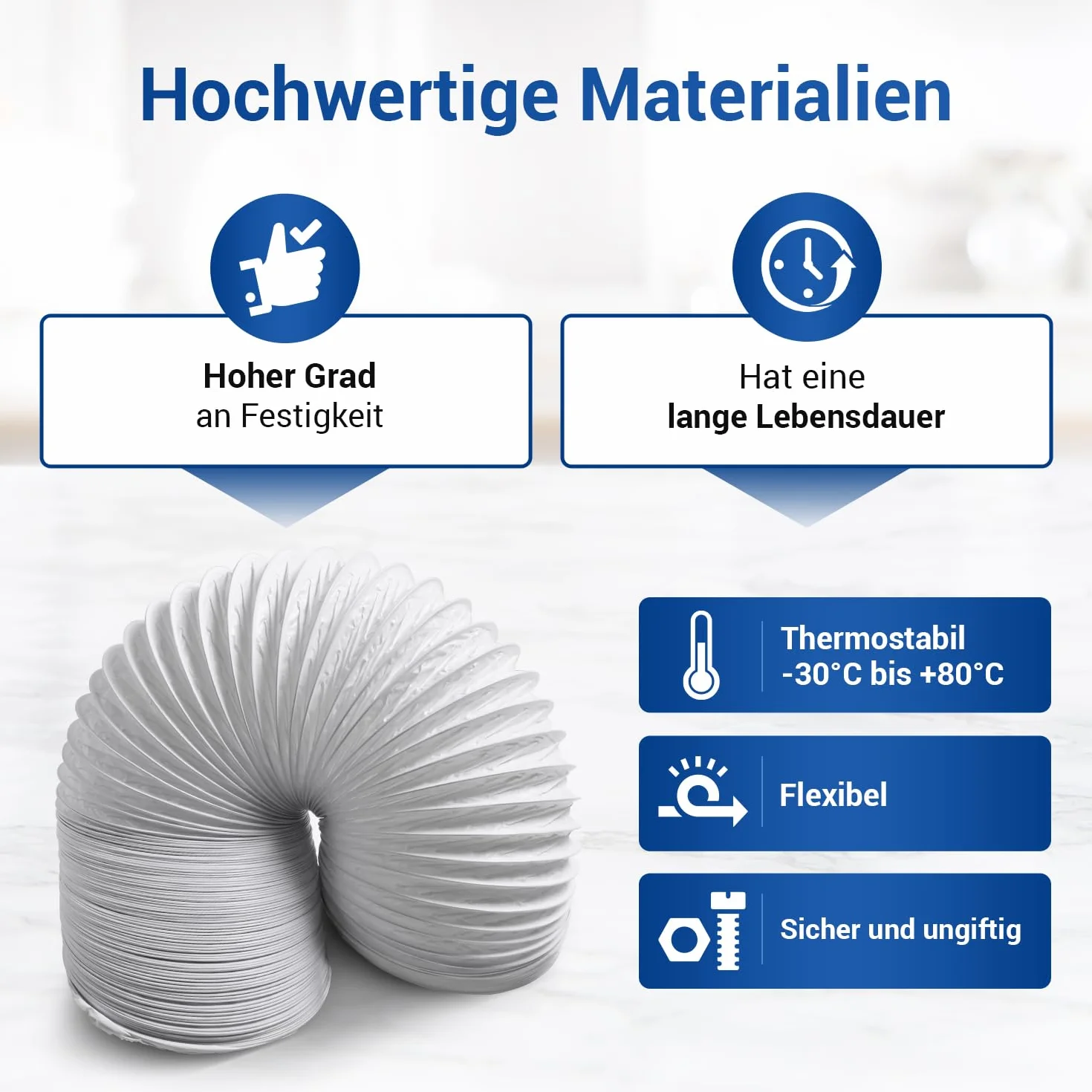 VIOKS Zestaw wąż powietrza wylotowego do klimatyzatora, 5 m, biały, 150 mm, Ø z PCW + obejma 140-160 mm, Ø W2, stal chromowana, wąż do klimatyzatora, okap kuchenny, wąż elastyczny 150 mm