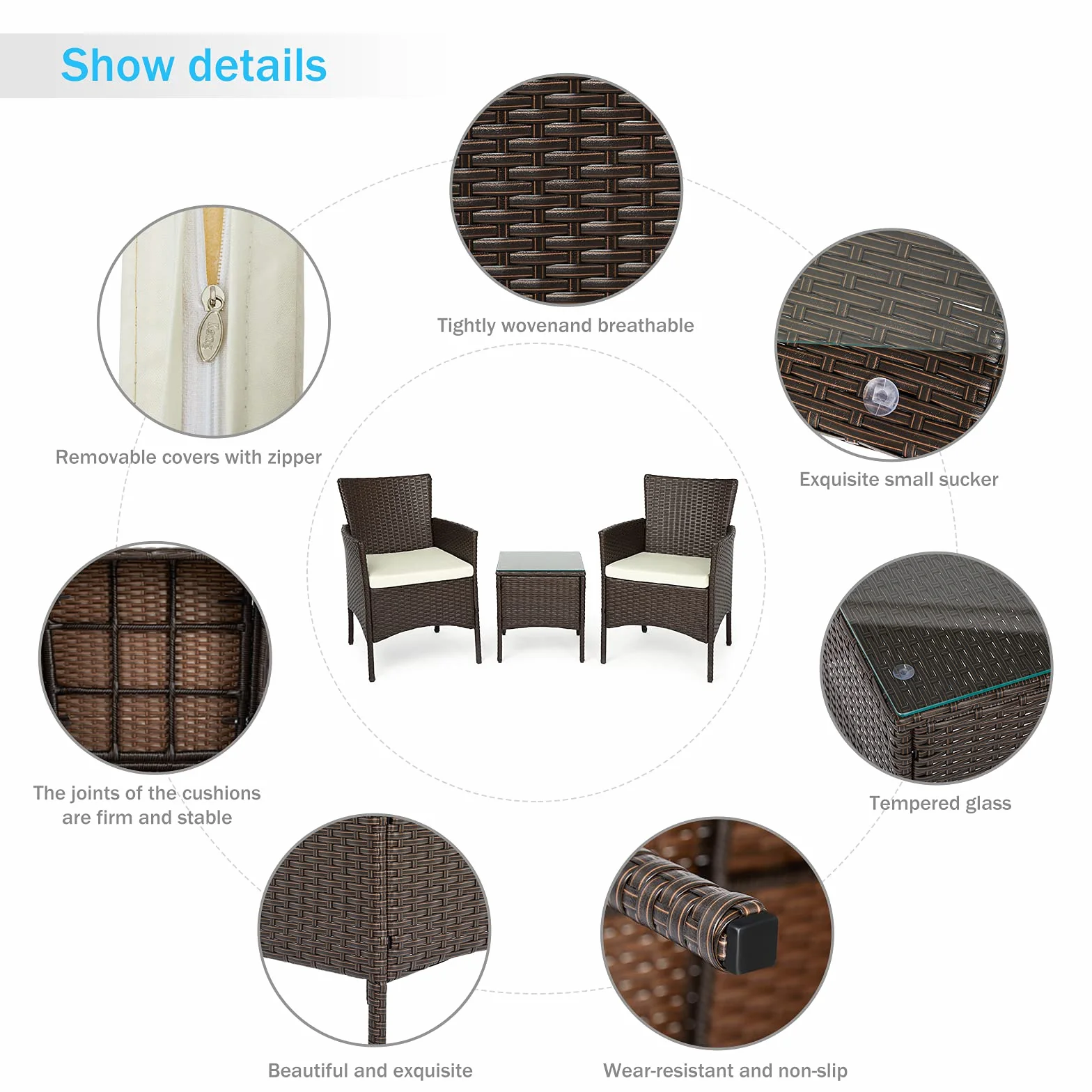 IntimaTe WM Heart Zestaw mebli ogrodowych, 3-częściowy, rattanowy zestaw mebli ogrodowych, balkon, zestaw mebli ogrodowych, całkowicie ręcznie tkany, bistro, kawiarnia, balkon, zestaw mebli