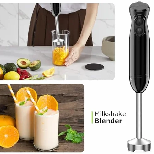 Bonsenkitchen Elektryczny blender ręczny 3 w 1, 1000 W, z miarką i trzepaczką, bezstopniowa regulacja prędkości do koktajli mlecznych, puree, sosów, HB3202 (czarny)