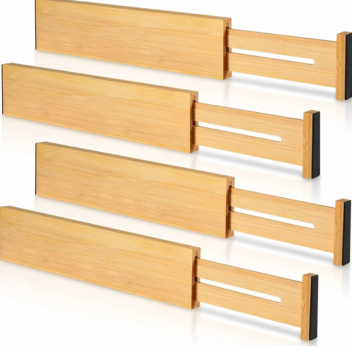 Oddzielnik do szuflad, regulowany, bambusowy, organizator do kuchni, łazienki, sypialni, komody i biura, system porządkowania, zestaw 4 szt. (43-56 cm)