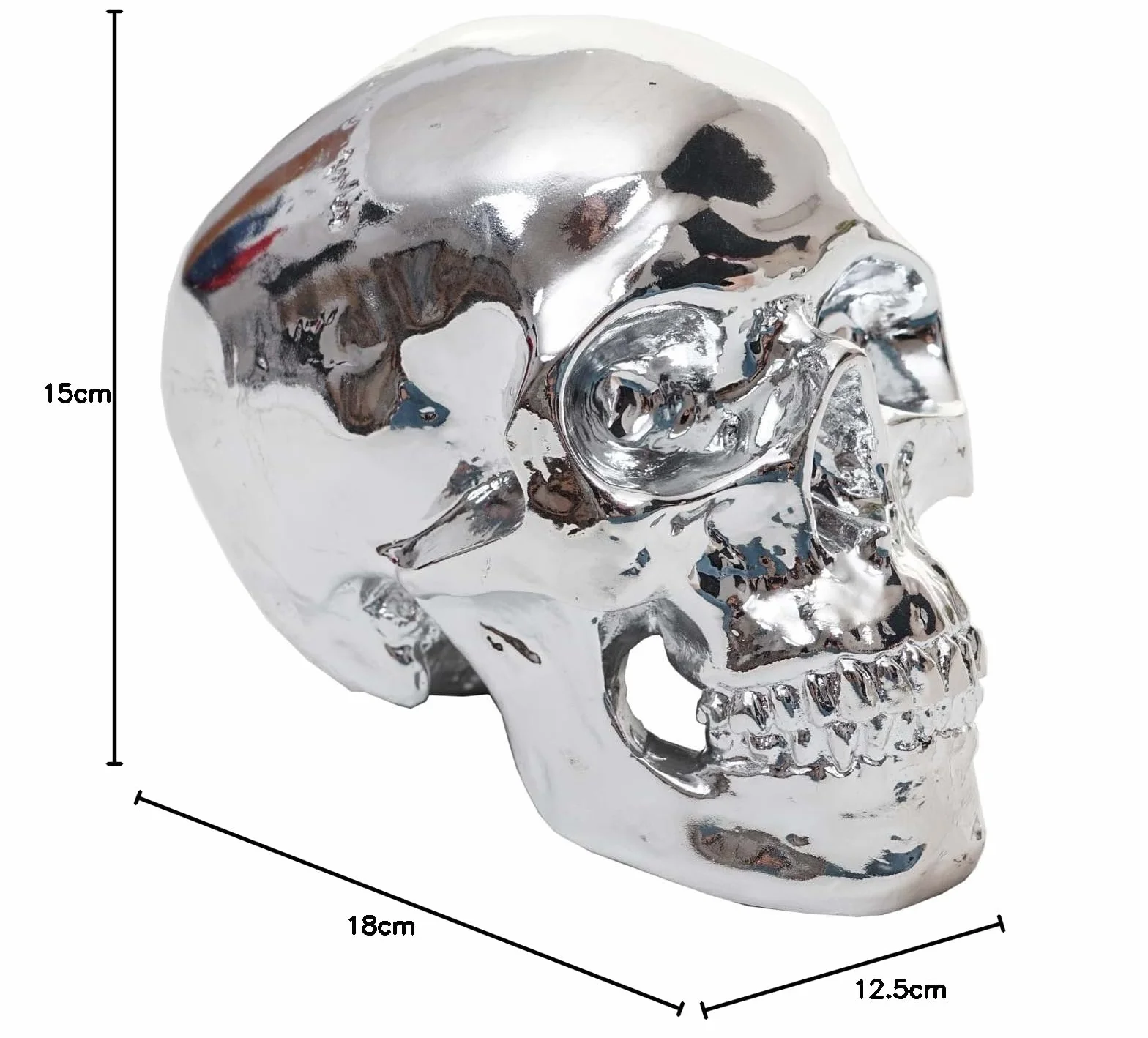 Mendler Deko Totenkopf HWC-T921, rzeźba z żywicy poliestrowej, czaszka, do domu i na zewnątrz, 18 cm, srebrny połysk wysoki