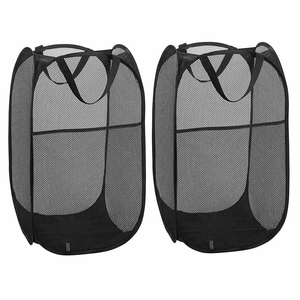 WD&CD Kosz na pranie [Zestaw 2 sztuk] Składane kosze na bieliznę Pop Up Mesh, torba na pranie, składany kosz na pranie z uchwytem, czarny