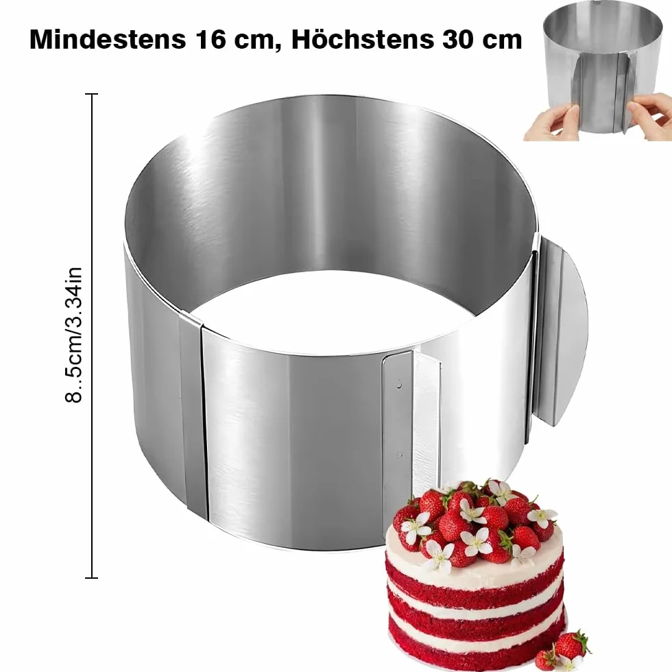 Pierścień na tort regulowany, wysoki pierścień na tort, z dwoma uchwytami do ciągnięcia, idealnie nadaje się do tortów warstwowych, regulowany 16-30 cm, odporny na wysokie temperatury, stal
