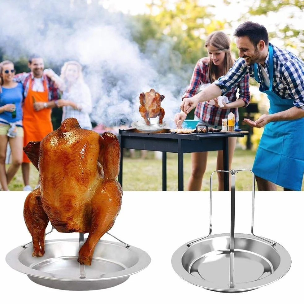 Stojak na Grilla z Kurczakiem, Puszka Piwa ze Stali Nierdzewnej Uchwyt na Kurczaka Pionowe Pieczenie Indyka z patelnią do Grilla Piekarnik Camping