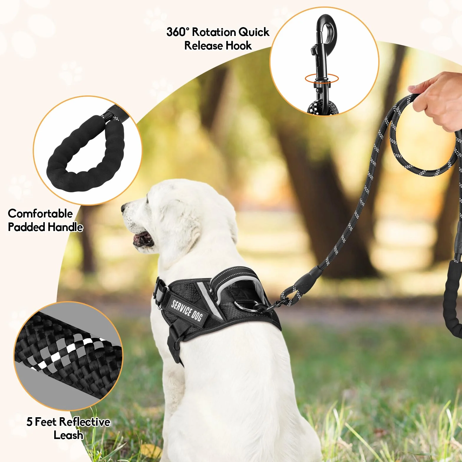 Animire Service Dog Vest Harness and Leash Set with 10 Patches, Reflective Leash Padded Handle for Dogs (Black, M)