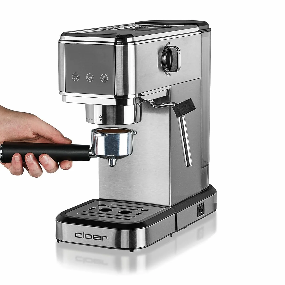 Cloer 5829 Ekspres do Espresso z Portafiltrem i Spieniaczem, Pompa 20 Barów, 1-2 Filiżanki Espresso, Cappuccino, Latte Macchiato, Zbiornik na Wodę o Pojemności 1 litra, 1350W