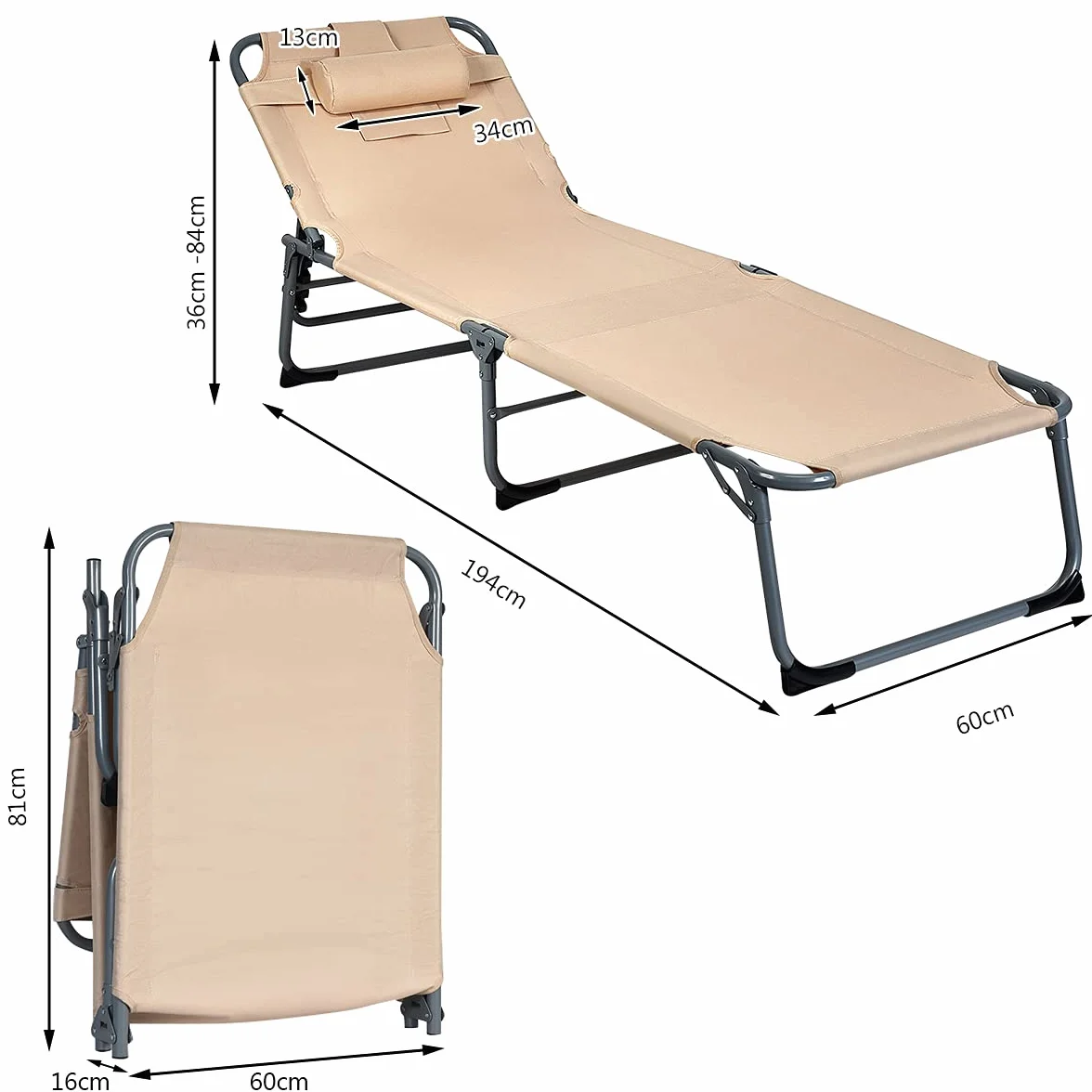 Giantex Składany leżak z otworem do czytania, leżak do kąpieli, ergonomia, zdejmowana, 5 regulowanych pozycji, leżak ogrodowy do ogrodu, na basen, taras (beżowy)