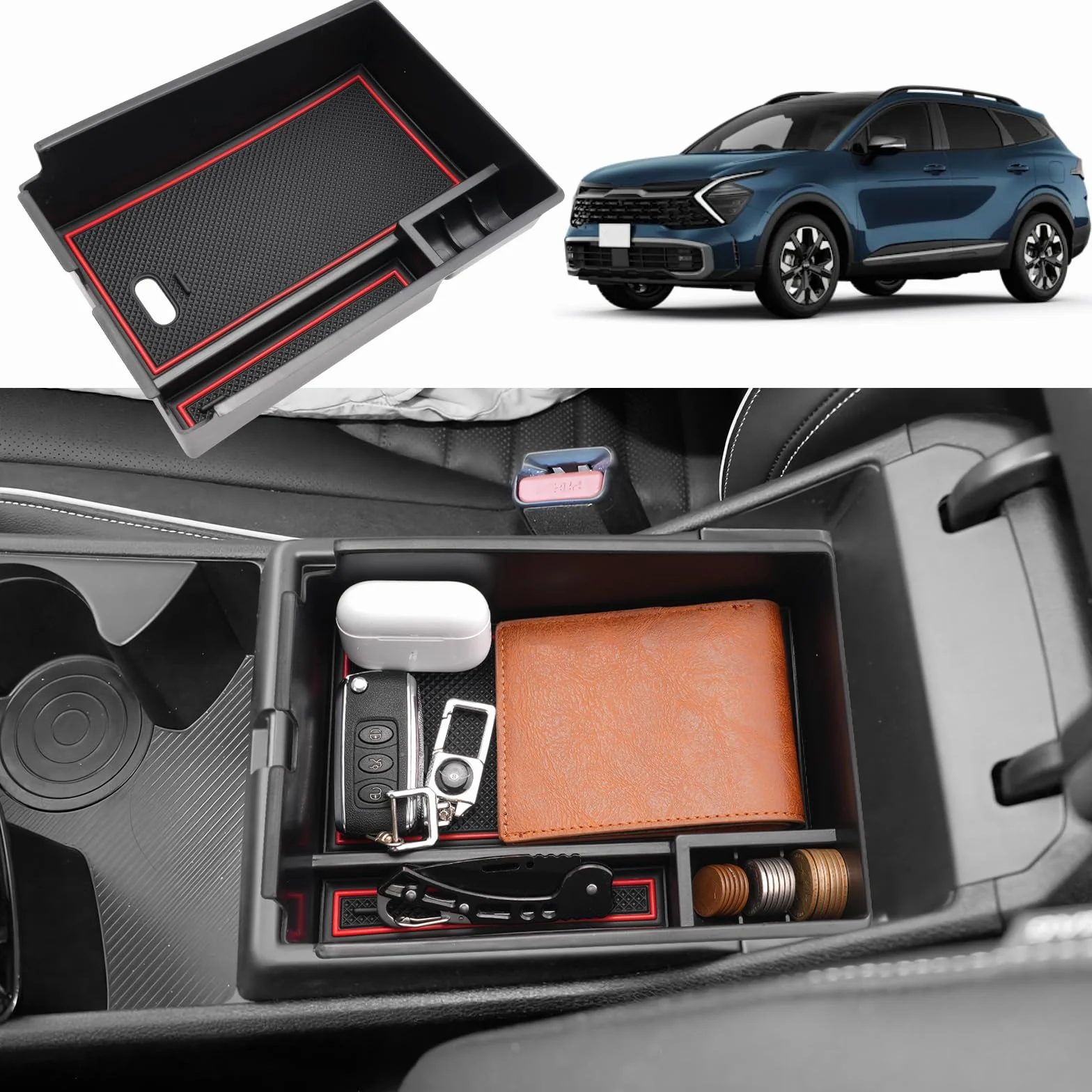 Schowek na podłokietnik kompatybilny z Kia Sportage NQ5 2022-2024 (AT), schowek na podłokietnik środkowy, akcesoria do organizera Sportage NQ5 z antypoślizgową matą (czerwony)