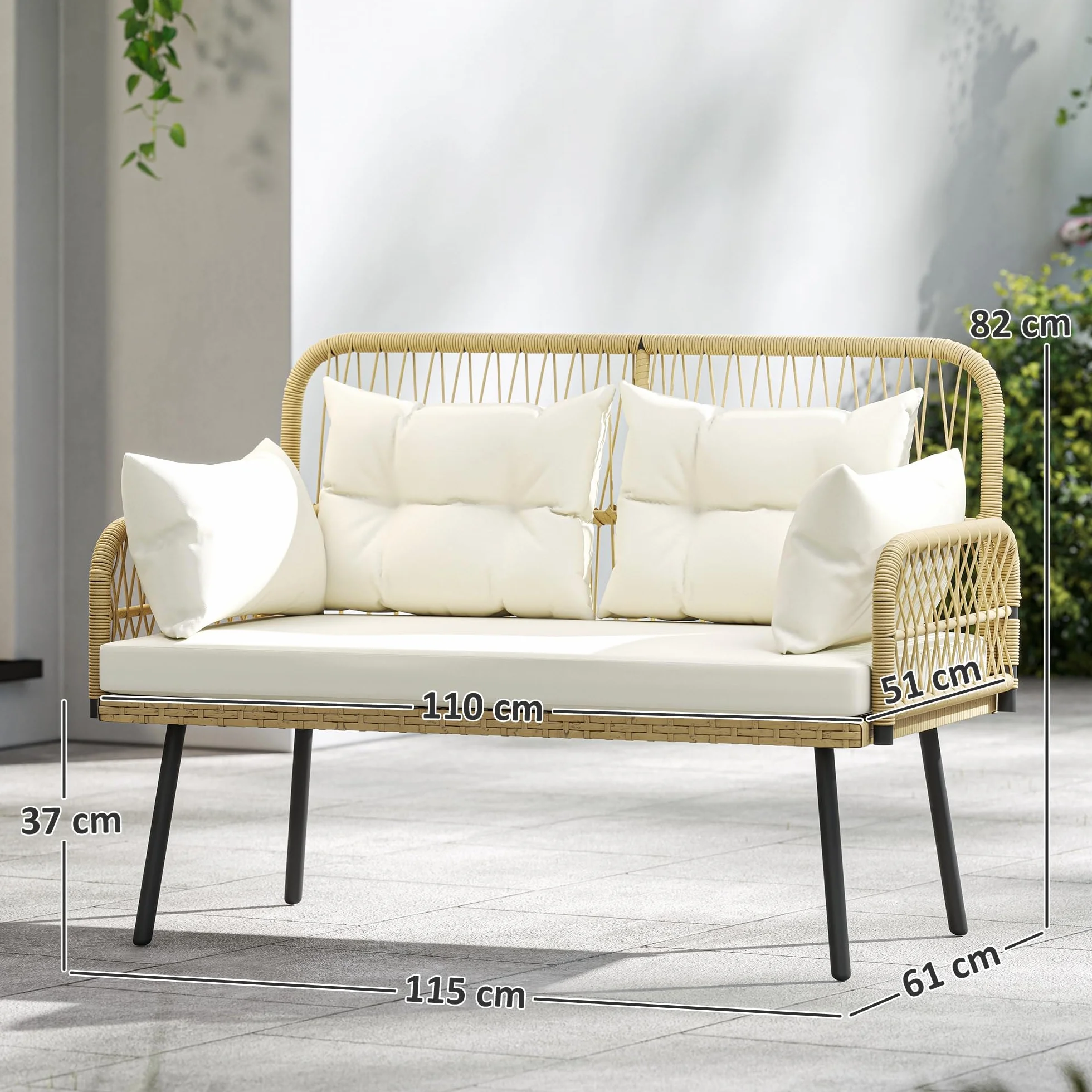 Outsunny Sofa Ogrodowa z Poduszkami 2-osobowa Sofa Balkonowa Rattanowa Sofa Polirattan Meble Ogrodowe 115 x 61 x 82 cm Naturalne Drewno