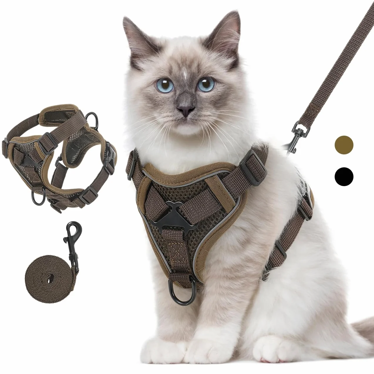 VavoPaw Cat Harness and Leash Set for Walking, Adjustable Kitten Vest Harness with Reflective Strip Breathable Mesh, Escape Proof Soft Pet Safety Vest for Cats, Kittens, Puppies, M Coffee