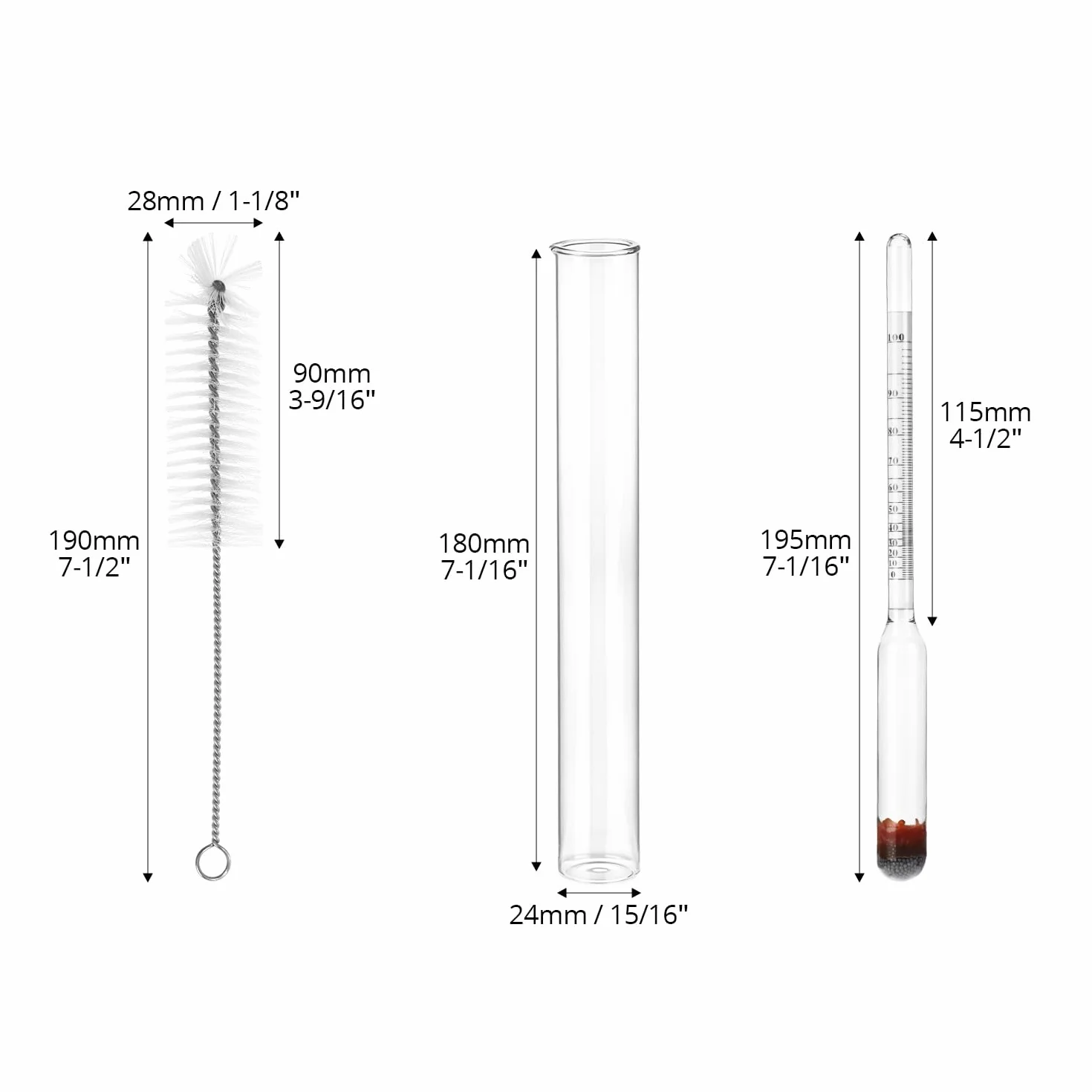 QWORK 2 sztuki alkoholomierz zestaw aräometer 0-100% pełny, zawiera szczotkę cylindryczną + szklany cylinder miarowy